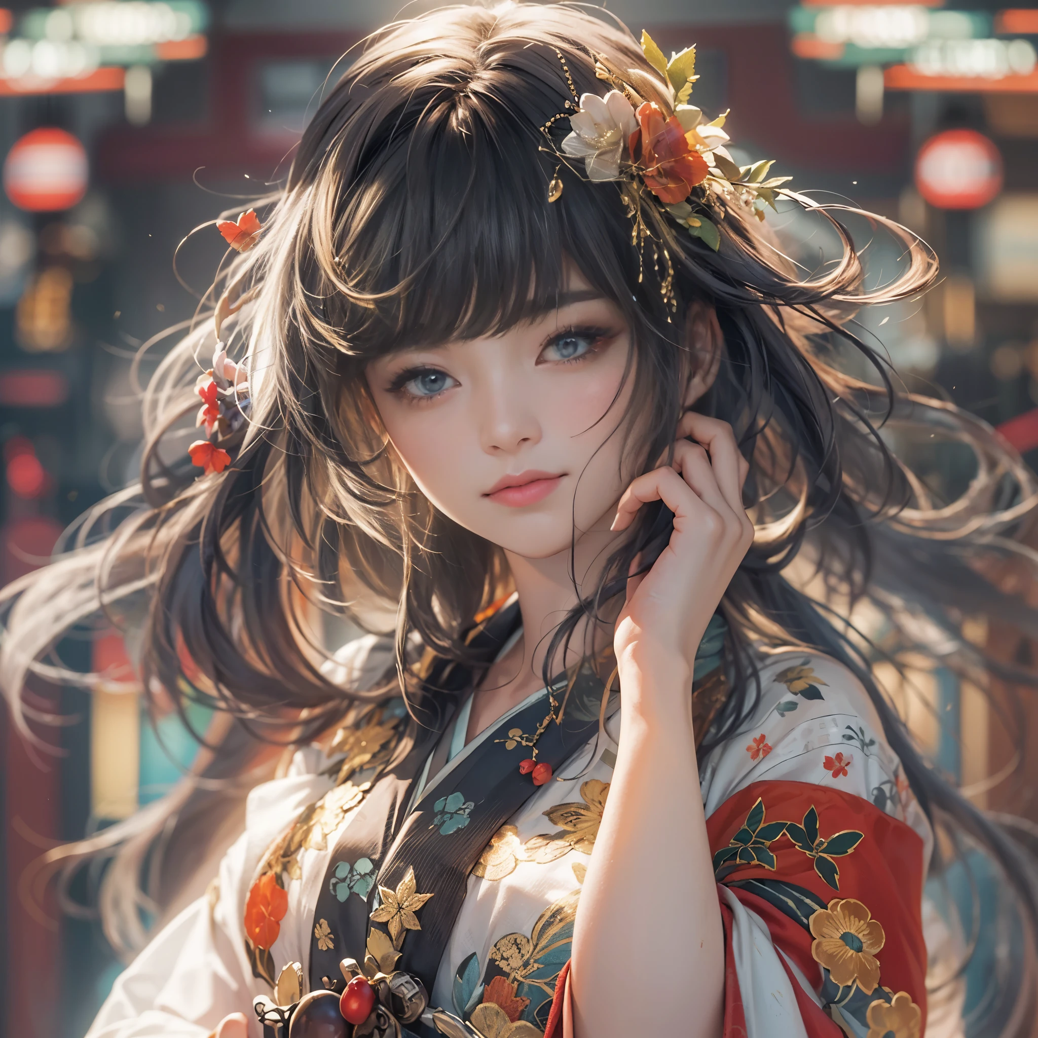 watching at viewers、Background with((ancient city:1.2)And the moon、(dense background:1.5))、BREAK {{{Luxury kimono(Colorful kimono(Detailed golden embroidery,))}}}、face perfect,Depict a beautiful and graceful woman of Japan,poneyTail、Woman with shiny black hair、perfect hand,Heart in the eye。odd eye,full body Esbian,Blur the background with a sickle,((masutepiece)), ((Best Quality))Wallpapers 16K, .Blur the background with a sickle,BREAK,((masutepiece)), ((Best Quality)),epicd(Lige Fries Photography、sony a7、50 millimeters、pores:1.5、Farbe、ultra-detailliert:1.5、film grains:1.4、hyper realisitic:1.5)、octan render、 ultra realistic lifelike textures、masterpiece、unrealengine5、the Extremely Detailed CG Unity 8K Wallpapers、Madly detailed photo、Ultra-realistic light、(Pulitzer Prize for Best Photography、Taylor Wessing Award for Best Photography) Potrait girl with bokeh background, long dresss, women with long dress focus on girl, natural skin oil masterpiece, zeus 23mm f2 realistic, beautiful oil face skin, little oil face reflection, realistic skin, realistic hair, realistic fantasy hair masterpiece, realistic face masterpiece, realistic all object, blur depht of field, fireflies, kakudrop concept (instagram), realistic anime concept, Top quality masterpiece, deep focus, photography shot, fliying fireflies, falling leaf, falling leaf is a smooth, realistic concept, object, girl (girl walking a long masterpiece) (long object), color combination masterpiece, glow light, dark morning, reflection, beautiful scene, japanese concept photography art, volumetric lighting, bokeh, beautiful peace scene, intricate, elegant, point of interest photography, (masterpiece, side natural lighting, finely detailed beautiful clear night), long hair, lots of hair, clear sky, ray of light, rule of third photography, point of interest photography, perfect color tone, falling summer leaf, Fog, glow light, best filter color fujifilm masterpiece.
