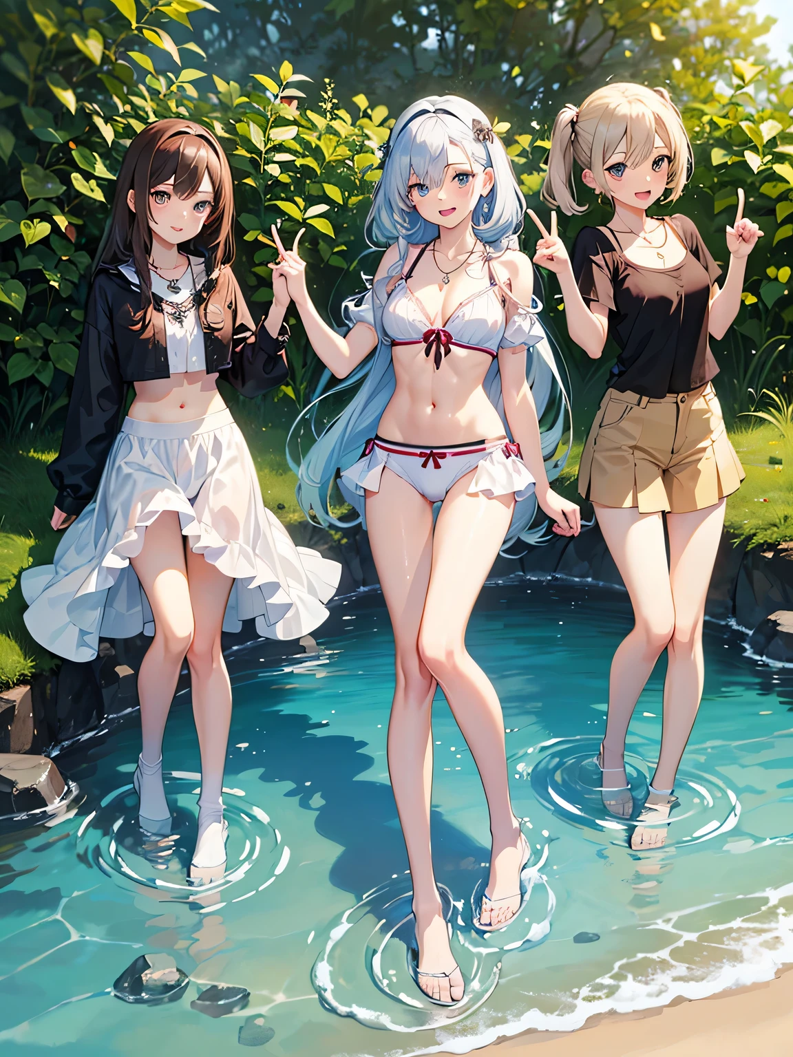 ((highest quality)), ((masterpiece)), (pretty girl), (multiple girls:1.8), cute girls are posing for a camera outdoors in the water, shirtをつかむ, stand side by side, perfect face, smile, (open your mouth and smile:1.3), embarrassed look, (precise fingers:1.3), hair band, head band, hair bobble, blouse, shirt, I can see your underwear, (pastel colored underwear), high resolution eyes, accurate eye, (high resolution eyes:1.8), (High definition finger 1.8), light smile, small chest, chest, realistic, 4years old, , 6 years oldld, knee sockirt, Asian, blue eyes, silver hair, brown hair, blonde, belly button, jewelry, looking at the viewer, necklace, water, , Wet, long hair, short hair, abs,