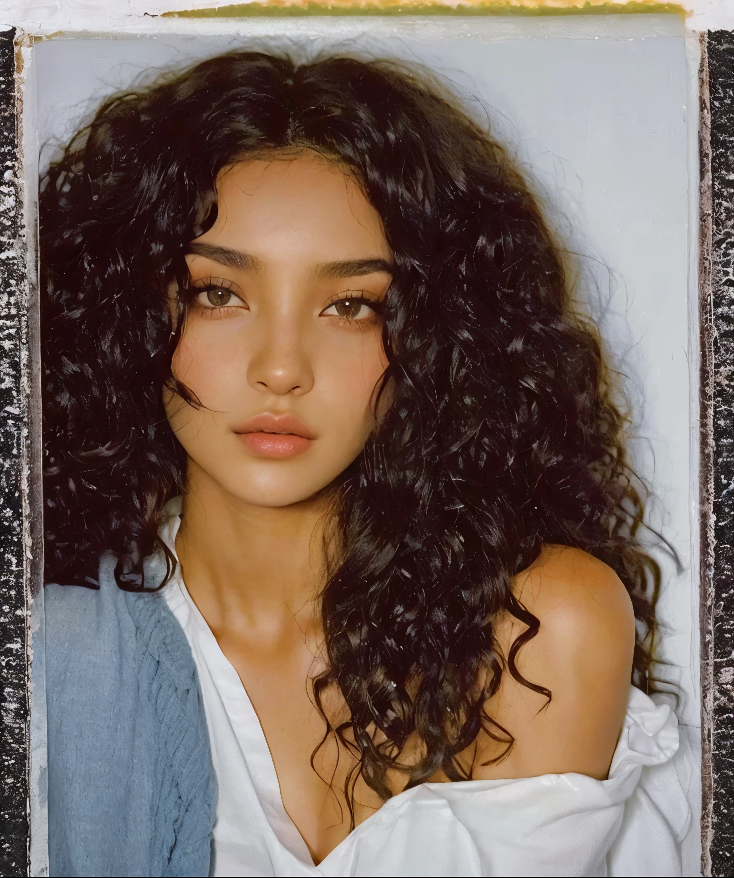 mulher arafed com cabelo cacheado e uma camisa branca, Banho turco de Imaan, seu rosto emoldurado por cachos, long wild cabelo preto cacheado, Corte de cabelo cacheado com parte do meio, - Shanina Shaik como Medusa, cabelo preto cacheado, ela tem pele morena oliva, flawless brunette skin, cabelo preto longo e cacheado, long cabelo preto cacheado, (cabelo escuro mais curto e cacheado), cabelo escuro cacheado
