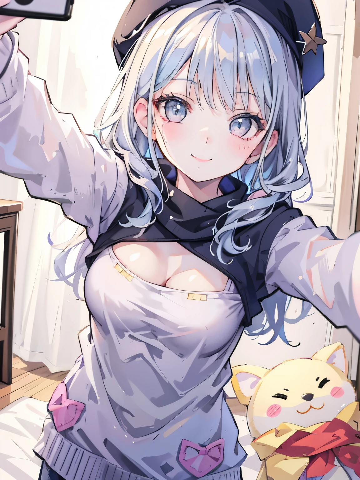 girl,((selfie:1.3)),Casual winter clothes that show cleavage,hat,((small breasts)),smile,close up of face,可愛らしいgirlの部屋,stuffed toy