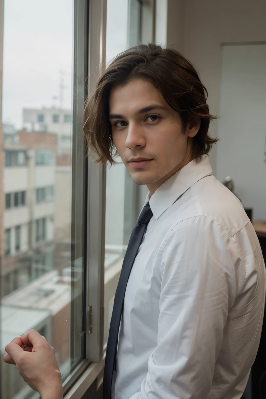 ((best quality)), ((masterpiece)), (detailed), perfect face, male , looking from window to outside in office as a like rock star