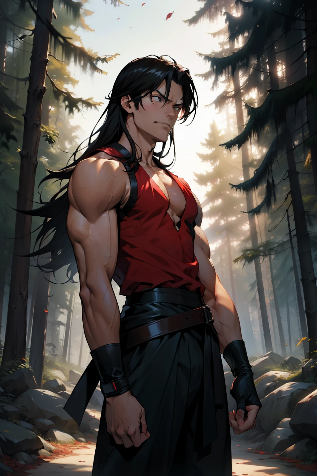 Cinematic Still of Iori Yagami, the King of Figters second, wearing a red sleeveless fighting top and a blue waistband, wild messy black hair. Best quality (1.2k, 4k, 8K, high resolution, masterpiece). Iori Yagami, with a fierce determination in his eyes, leaning against a rustic wooden fence. The background shows a dimly lit forest, with scattered leaves on the ground. The sun sets in the background, casting long shadows. Iori's muscles are defined, and his hands clench a fist at his side. A serene yet menacing aura surrounds him. The attire - the red fighting top,