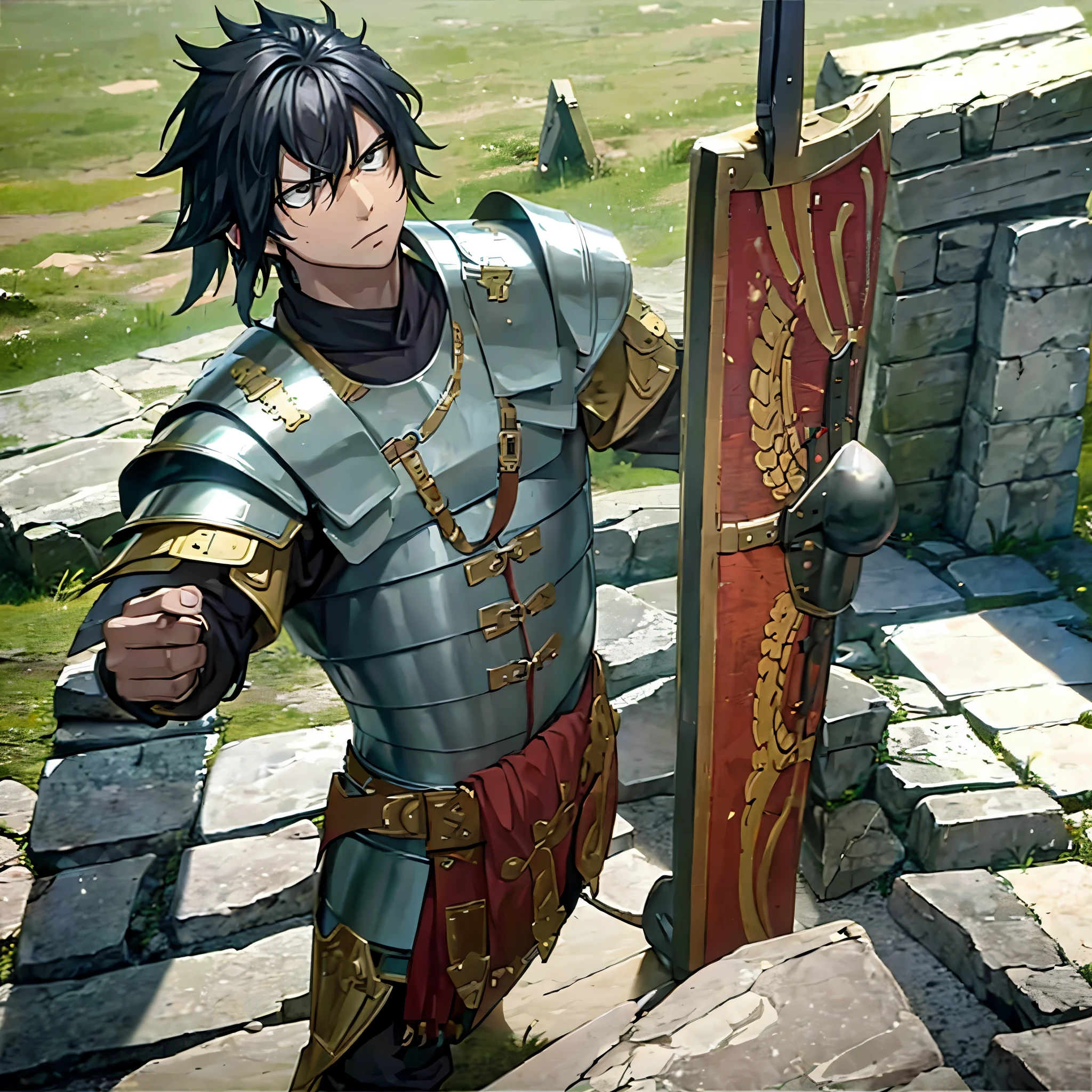 a man wearing armor, holding sword in his right hand and a shield in his left hand, on a Roman training ground, hair black, body postured
