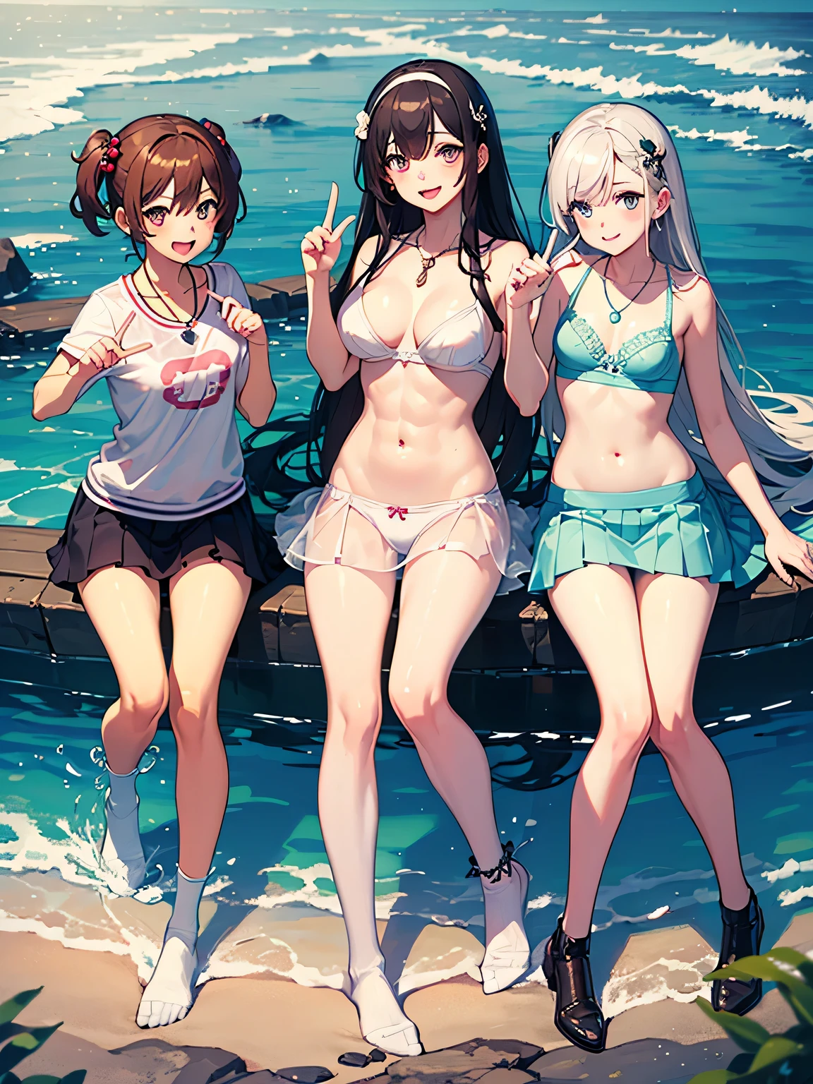 ((highest quality)), ((masterpiece)), (pretty girl), (multiple girls:1.8), cute girls are posing for a camera outdoors in the water, shirtをつかむ, stand side by side, From thigh up, perfect face, smile, (open your mouth and smile:1.3), embarrassed look, (precise fingers:1.3), hair band, head band, hair bobble, blouse, shirt, I can see your underwear, (pastel colored underwear), high resolution eyes, accurate eye, (high resolution eyes:1.8), (High definition finger 1.8), light smile, small chest, chest, realistic, 4years old, , 6 years oldld, knee sockirt, Asian, blue eyes, silver hair, brown hair, blonde, belly button, jewelry, looking at the viewer, necklace, water, , Wet, long hair, short hair, abs,