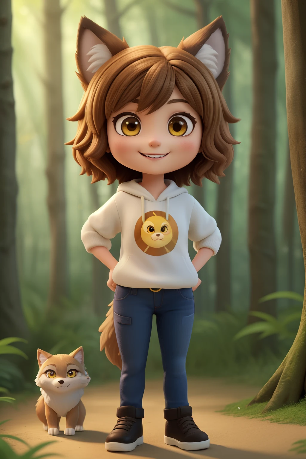A , with short hair,diamond face, and yellow eyes, Chibi, female, wolf woman with wolf ears, brown hair, A smile,Full-body standing figure, Pixar style super cute, standing, charming big eyes, surreal, super fine, super detailed, illusory engine, 8k, Smile face. Blind box figures. In a forest.