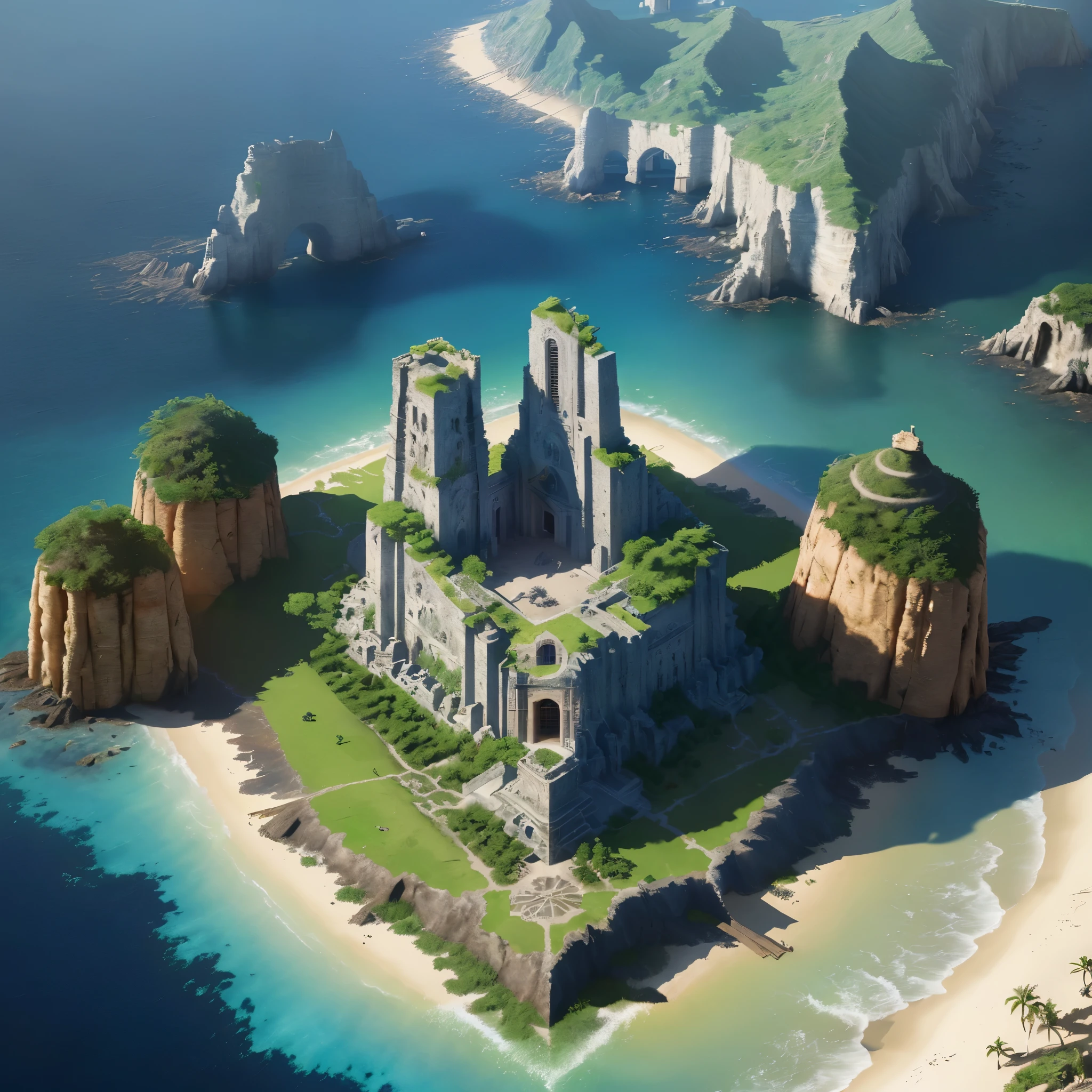 (8k, foto crua, melhor qualidade, obra de arte:1.2), (realista, photo-realista:1.37), Octane rendering, ultra high resolution, ultra-detalhado , professional lighting, Photon mapping, radiosidade, Physically based rendering, UE5, ((island sanctuary)), ((ancient fallen kingdom)), ((reflections in the water)), ((Ray tracing)), ((Cidade afogada))