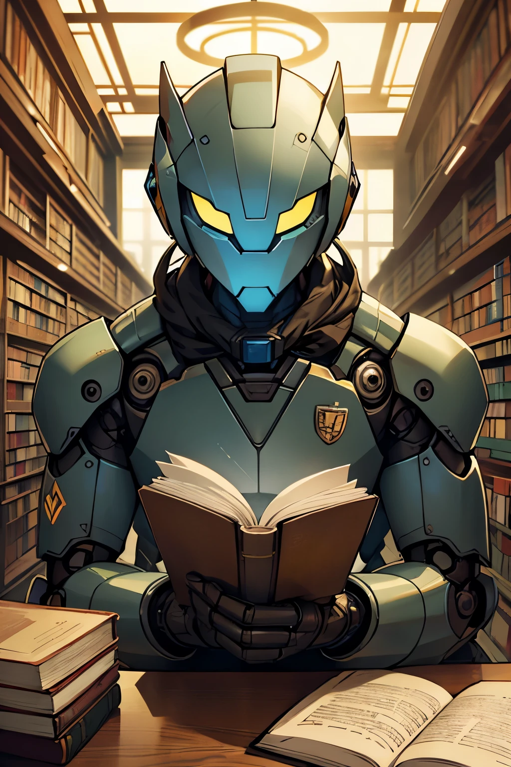 In a grand library, a robot is seated in the middle of a table, engrossed in reading a book. The robot's metallic body gleams under the soft yellow light of the library, its large, expressive eyes fixed on the pages before it. The table is cluttered with various books and notebooks, some open and some closed. The robot's metal fingers carefully turn the pages of the book it's reading, its focus unbroken. Its head tilts slightly as it reads, a small, thoughtful expression playing on its face. The library is quiet, save for the gentle sound of turning pages and the soft hum of the air conditioning. The robot seems completely at peace, lost in