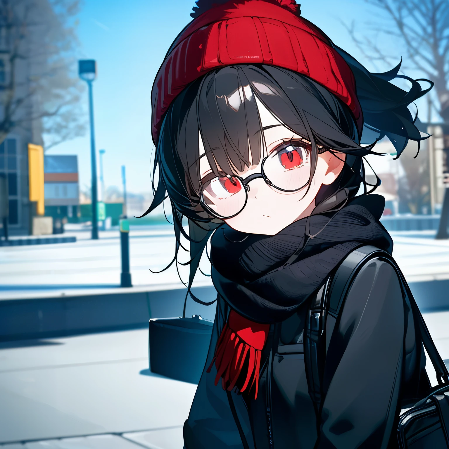 (masterpiece), best quality, expressive eyes, perfect face, red eye, black beanie, fluffy cut black hair, black scarf, tool bag black, black school sweater, short skirt, Round Glasses Black, park, close up shot,