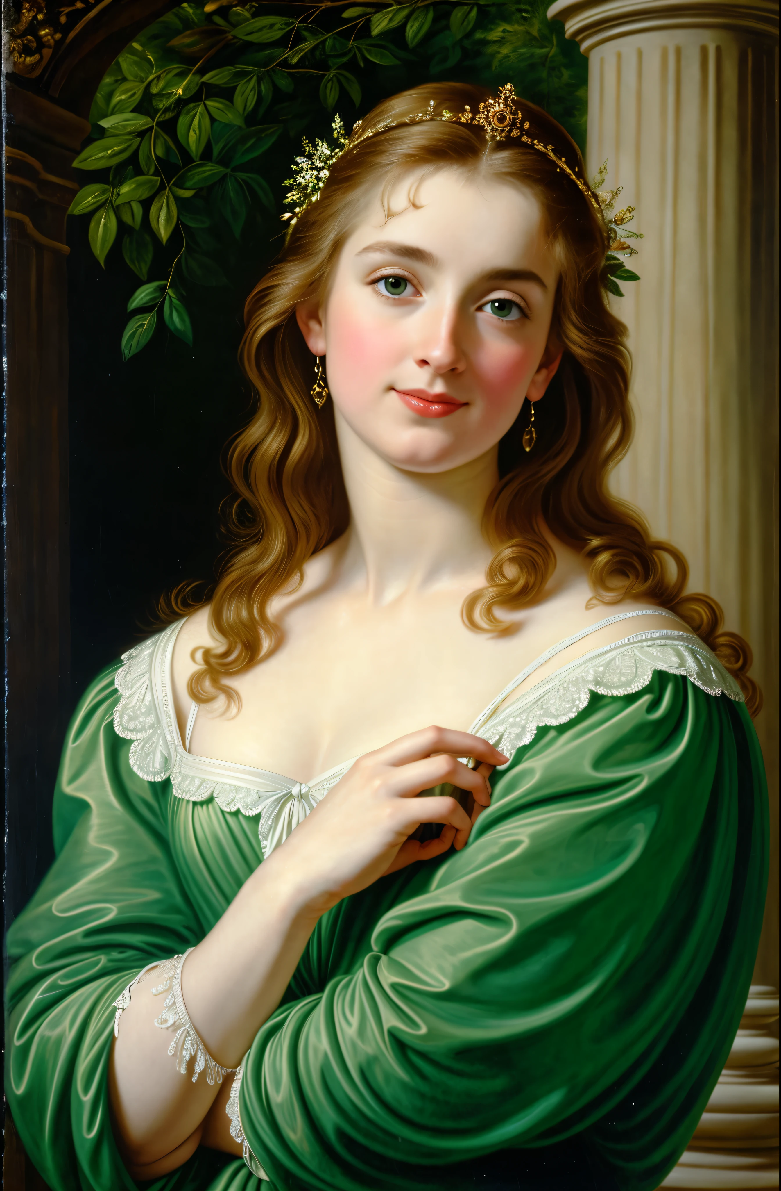 Masterpiece, Best quality, high clarity eyes, critically flawless,sharp picture, styled hair, long hair, fluffy hair, Full portrait, High pixels, perfect face, perfect eyes, beautiful face, perfect hands,perfect fingers, in Peter Paul Rubens style, by Peter Paul Rubens, baroque style, acrylic on canvas, highly detailed, description: "Create a nymph inspired by the tales of Greek or Roman mythology, embodying the essence of a natural element or location, and possessing a unique ability or trait that sets her apart."