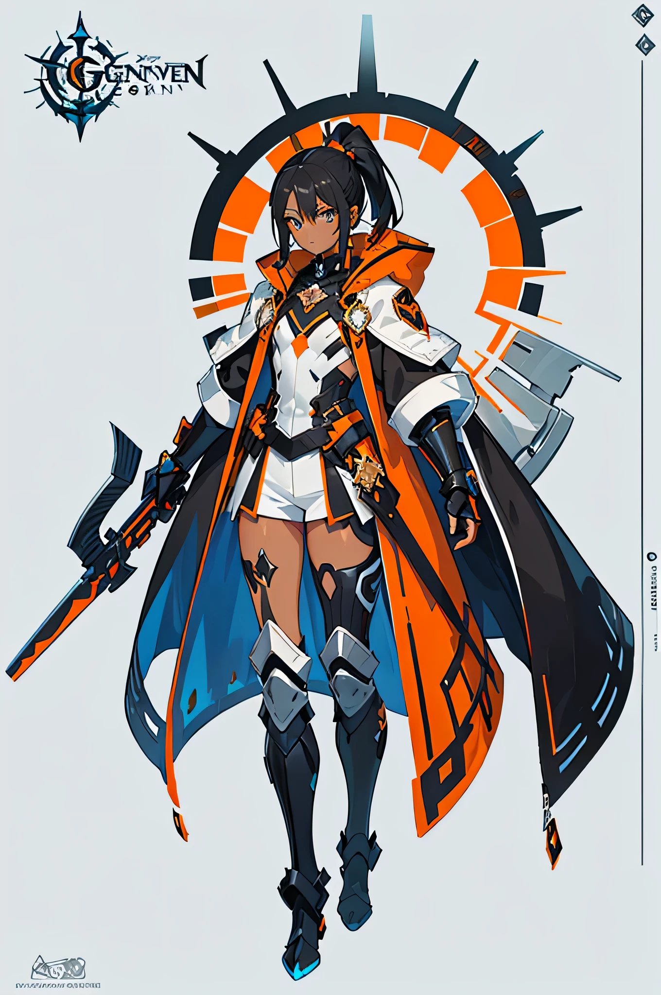 (((concept art))), (((flat chest))), woman, (((black skin)))), black hair and ponytail, light blue eyes, ((black metallic gauntlet&greaves、orange&silver highlights)), (((フードに白いパッドが付いたorange色のコート)))), Mostly black, orangeパーツあり, shoulder on display, black shorts on the waist