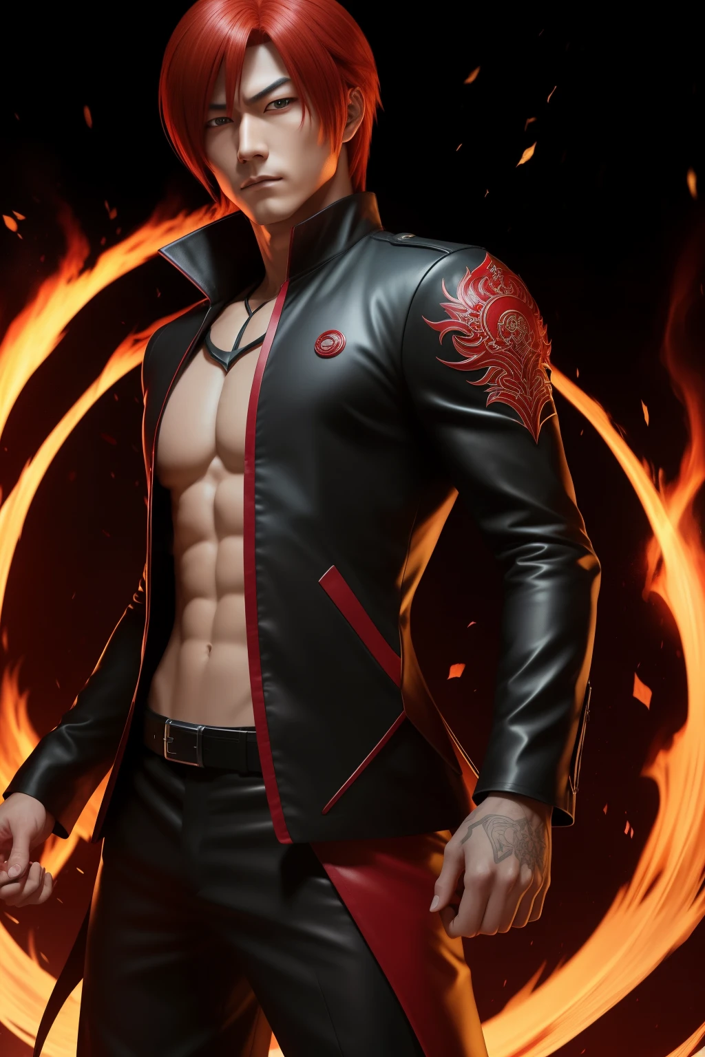 Igori Yagami, the legendary character from King of Fighters, is depicted in this intricately designed image. His long, fiery red hair cascades down, framing his strong, anime-style features. His attire is unmistakably dark, exuding an air of mystery and power. The detailing is second to none: 1.2, 8K UHD, 24MP, Canon EOS R6, 70-200mm lens, F/4.0, high contrast, capturing the essence of Igori Yagami with his highly detailed, red skin texture. The background is a captivating blend of anime-insp