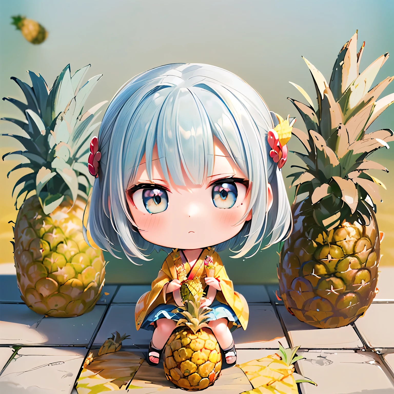 ((Chibi,pineapple,sengoku,one girl: 1.5)),(Masterpiece, almond-shaped eyes, glossy white-blue hair, short chignon hair, top quality, carefully drawn fingertips, beautiful anatomy : 1.4), ( full body: 1.3), (Red cheeks, indifference, no expression, hair blowing in the wind: 1.2),(treasure box,stone floor, sit,chibi and pineapple, butterflies,: 1.5),