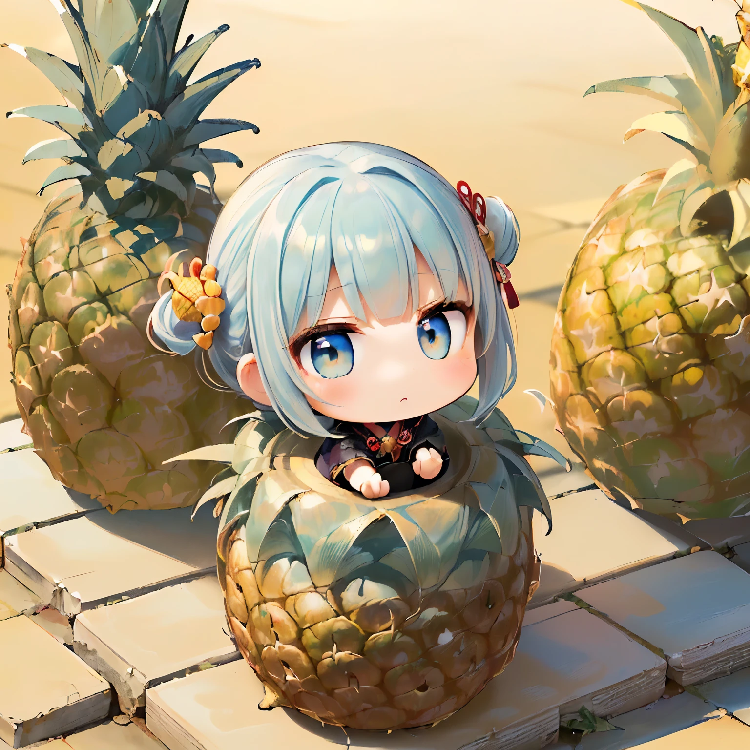 ((Chibi,pineapple,sengoku,one girl: 1.5)),(Masterpiece, almond-shaped eyes, glossy white-blue hair, short chignon hair, top quality, carefully drawn fingertips, beautiful anatomy : 1.4), ( full body: 1.3), (Red cheeks, indifference, no expression, hair blowing in the wind: 1.2),(treasure box,stone floor, sit,chibi and pineapple, butterflies,: 1.5),
