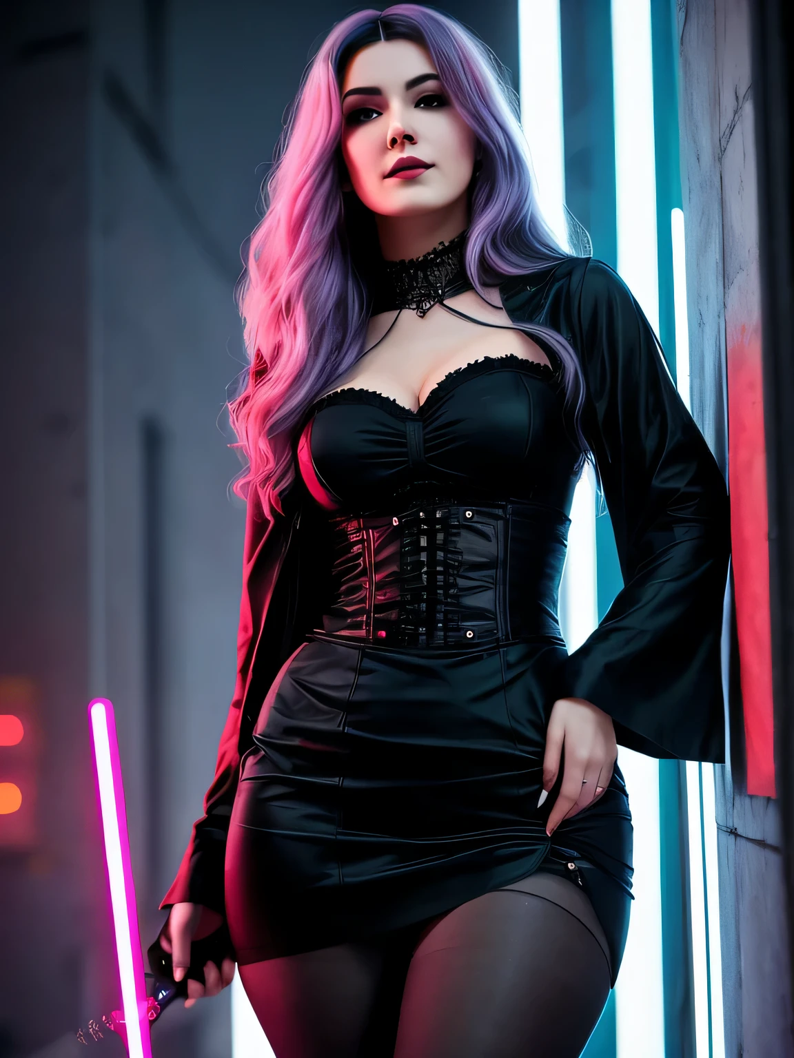 femme gothique, Robe vintage, sourire, sadique, nightfall, detailed face, nuit, hanches larges, taille fine,Portrait de femme debout, detailed eyes, Portrait de femme debout, photo brute 8K, highest quality, (Regarder le spectateur:1.3), meilleure ombre, intricate details, (cheveux audacieux:1.3), (Sparkling eyes), Cyberpunk, Neon,