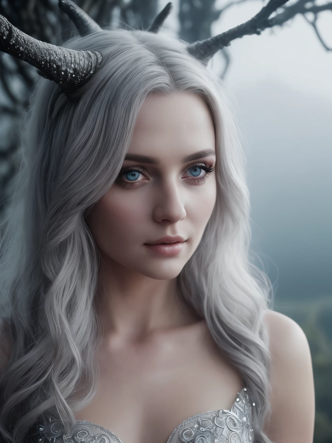 (Realistic:1.2), A beautiful woman with goat horns. Intricate dress made of gray tulle, silver glitter, small gray crystals and dried branches. Luis Royo style. Intense and captivating look, extremely sexy. Long, wavy, white hair. Mountains, stones, intricate, detailed, intricately detailed, luminous fantasy translucent ghostly crystal, holographic data, soft body, shadow play, fog, atmospheric, cinematic, light film, hyper detailed, hyper realistic, analog photostyle, film grain, depth of field, bokeh, detailed beautiful eyes and perfect face, high contrast, 16k, best quality
