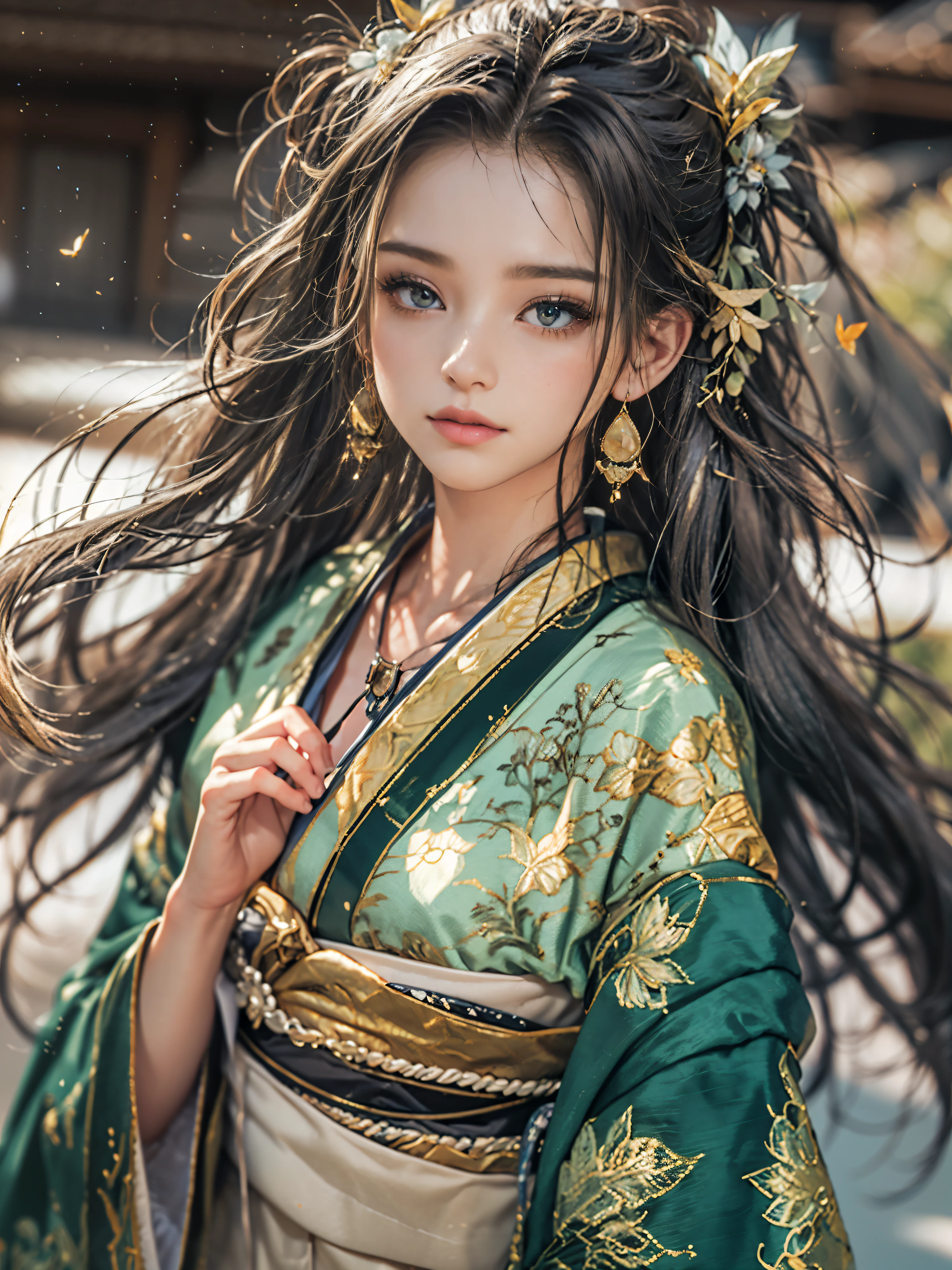 watching at viewers、Background with((ancient city:1.2)And the moon、(dense background:1.5))、BREAK {{{Luxury kimono(Colorful kimono(Detailed golden embroidery,))}}}、face perfect,Depict a beautiful and graceful woman of Japan,poneyTail、Woman with shiny black hair、perfect hand,Heart in the eye。odd eye,full body Esbian,Blur the background with a sickle,((masutepiece)), ((Best Quality))Wallpapers 16K, .Blur the background with a sickle,BREAK,((masutepiece)), ((Best Quality)),epicd(Lige Fries Photography、sony a7、50 millimeters、pores:1.5、Farbe、ultra-detailliert:1.5、film grains:1.4、hyper realisitic:1.5)、octan render、 ultra realistic lifelike textures、​masterpiece、unrealengine5、the Extremely Detailed CG Unity 8K Wallpapers、Madly detailed photo、Ultra-realistic light、(Pulitzer Prize for Best Photography、Taylor Wessing Award for Best Photography) Potrait girl with bokeh background, long dresss, women with long dress focus on girl, natural skin oil masterpiece, zeus 23mm f2 realistic, beautiful oil face skin, little oil face reflection, realistic skin, realistic hair, realistic fantasy hair masterpiece, realistic face masterpiece, realistic all object, blur depht of field, fireflies, kakudrop concept (instagram), realistic anime concept, Top quality masterpiece, deep focus, photography shot, fliying fireflies, falling leaf, falling leaf is a smooth, realistic concept, object, girl (girl walking a long masterpiece) (long object), color combination masterpiece, glow light, dark morning, reflection, beautiful scene, japanese concept photography art, volumetric lighting, bokeh, beautiful peace scene, intricate, elegant, point of interest photography, (masterpiece, side natural lighting, finely detailed beautiful clear night), long hair, lots of hair, clear sky, ray of light, rule of third photography, point of interest photography, perfect color tone, falling summer leaf, Fog, glow light, best filter color fujifilm masterpiece.