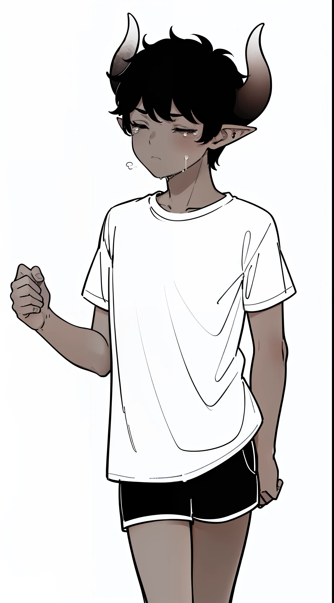1boy,8 years,solo,((dark skin)),((white shirt,short sleeves,black shorts,black hair,elf ears,(horns),cowboy shot,(white background,line drawing),running,from side,closed eyes, sad,cry