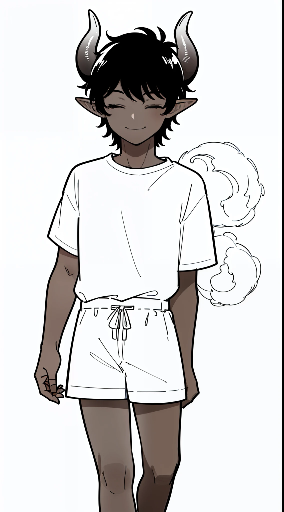 1boy,8 years,solo,((dark skin)),((white shirt,short sleeves,black shorts,black hair,elf ears,(horns),cowboy shot,(white background,line drawing),standing,smile,closed eyes