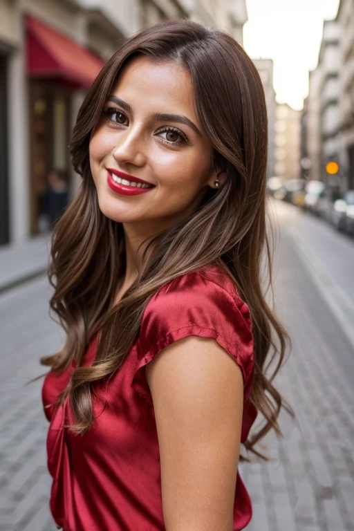 girl aged 30, red silk blouse, light makeup, long brown hair, brown eyes, sharp nose, mouth with red lipstick, friendly girl with a smile on her lips, perfect face and body details, high definition and image quality, background of a city, positive,