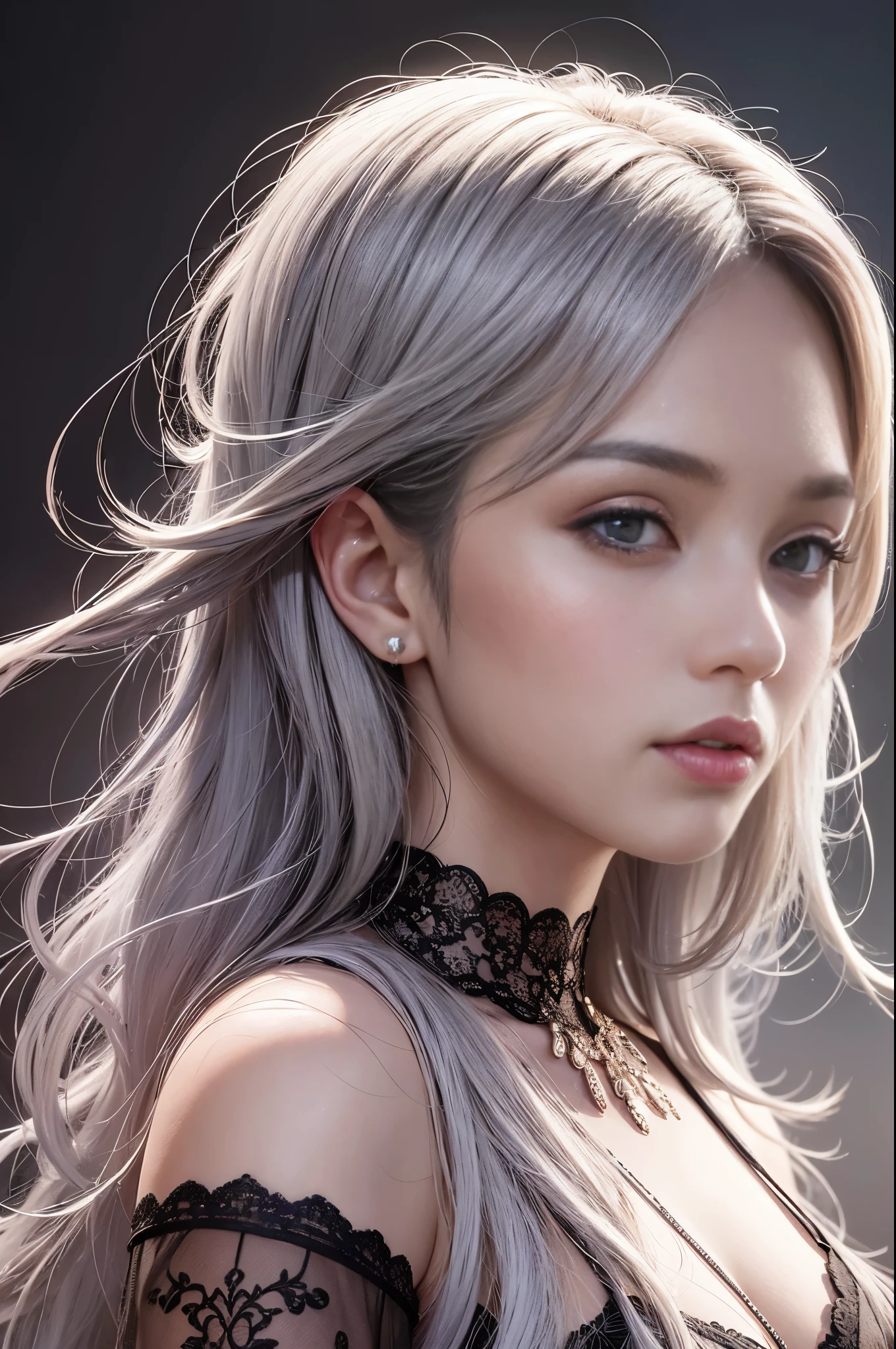 highly detailed, 8k, masterpiece, 1girl, Grey two-tone_hair, dress , tight bust, (perfect_face), ornate, intricate, dramatic lighting, 4k, detailed_background, caustics, portrait, upper body focus, from_side