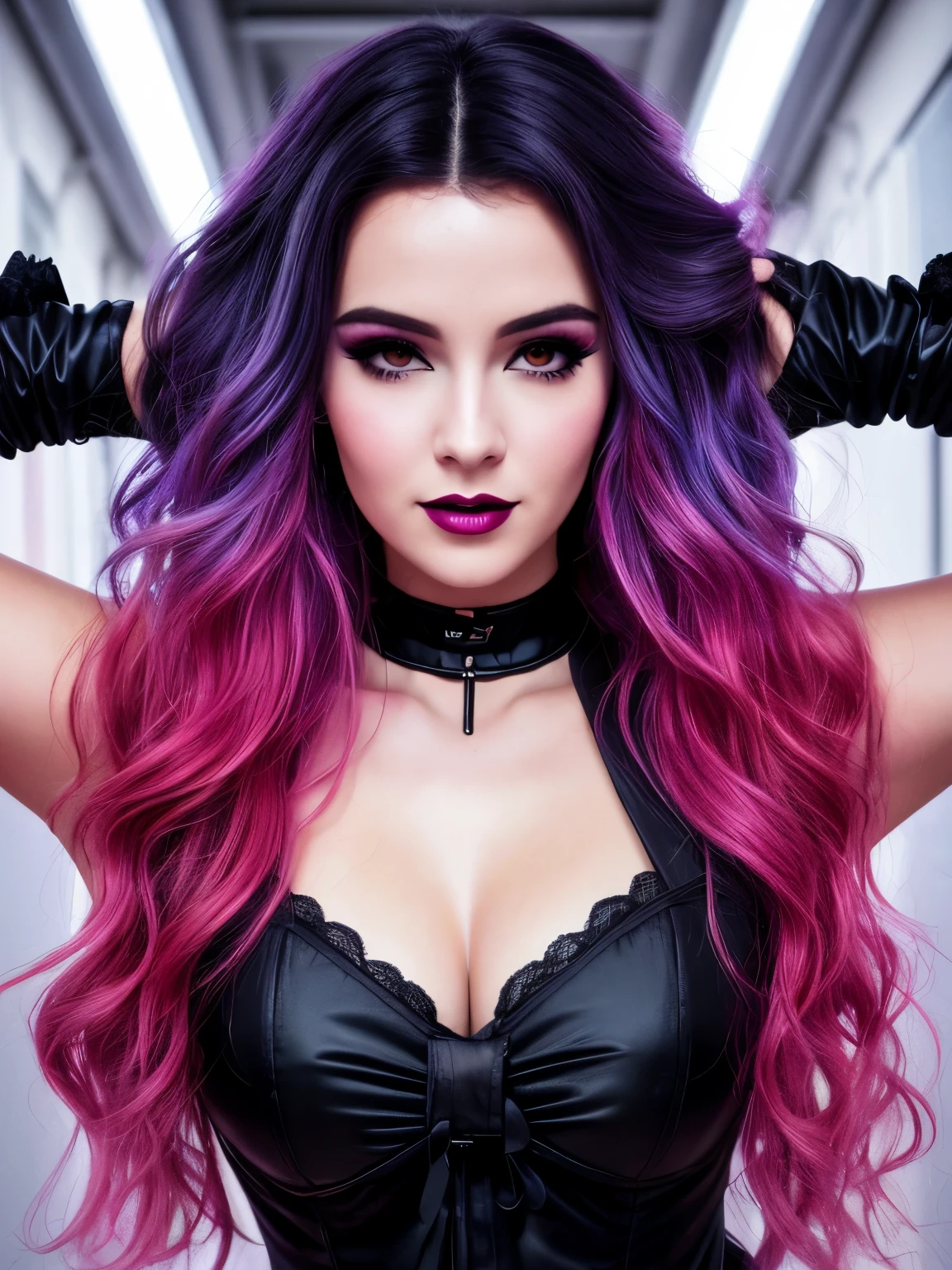 femme gothic, Robe noire vintage, sourire, Sadique, nuitfall, Visage détaillé, nuit,Hanches larges,Taille fine,Portrait de femme debout, Yeux détaillés, Portrait de femme debout, Photo brute 8K, la plus haute qualité, (regarder le spectateur:1.3), meilleure ombre, détails complexes, (cheveux audacieux:1.3), (yeux pétillants), cyberpunk, neon,