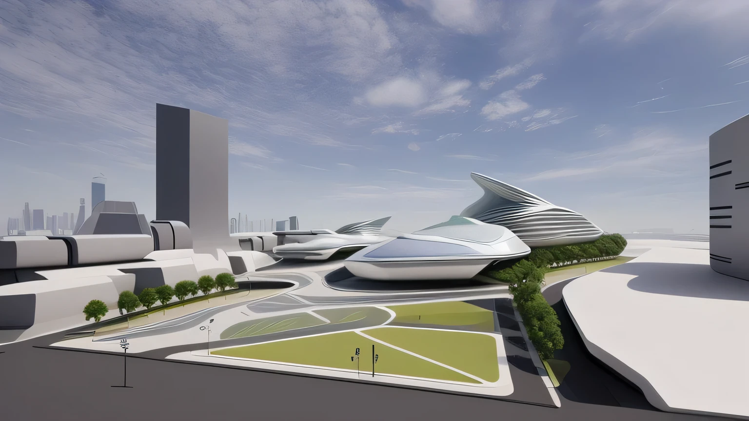 There is a 3D rendering of a futuristic city with futuristic buildings.., in style of Zaha Hadid architect, Zaha Hadid architecture, in style of Zaha Hadid, Portal. Zaha Hadid, inspired โดย Zaha Hadid, Zaha Hadid style architecture, Inspiration from Zha Shibiao, tilt shift Zaha Hadid background, architecture Zaha Hadid, โดย Zaha Hadid, The future city of Russia