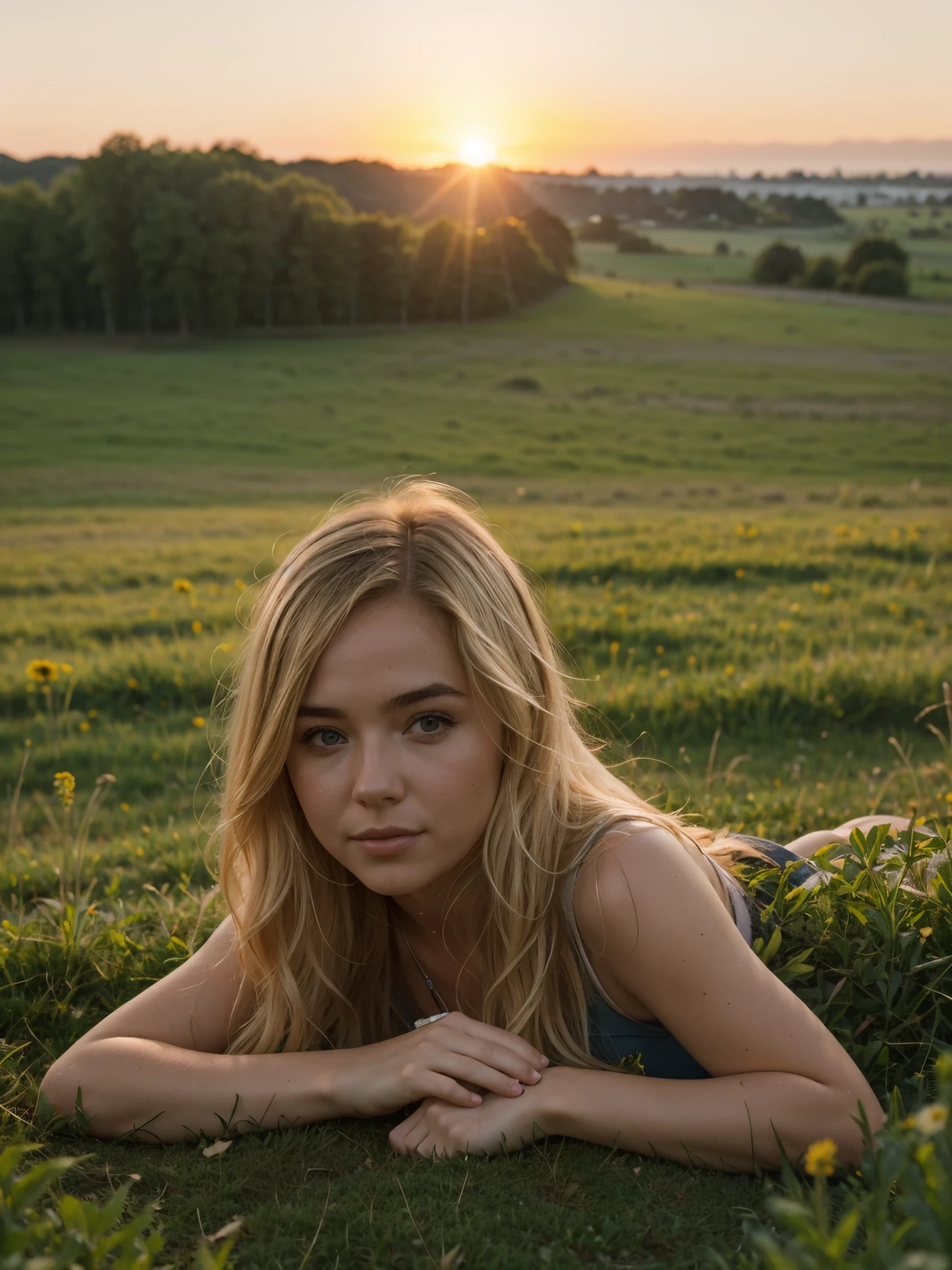 Best quality, instagram influencer, blonde female 30yo, depth of field, sunset,girl lying in a meadow covered with a small fog, animals can be seen in the distance, morning weather at sunrise