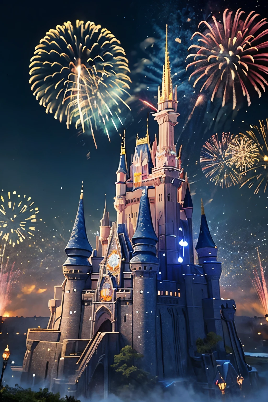 3D，Disney Castle，中景 the scene is，A magnificent firework display，Lots of fireworks blooming，romanticized landscapes，tmasterpiece，Best quality at best，high high quality，high end，super-fine