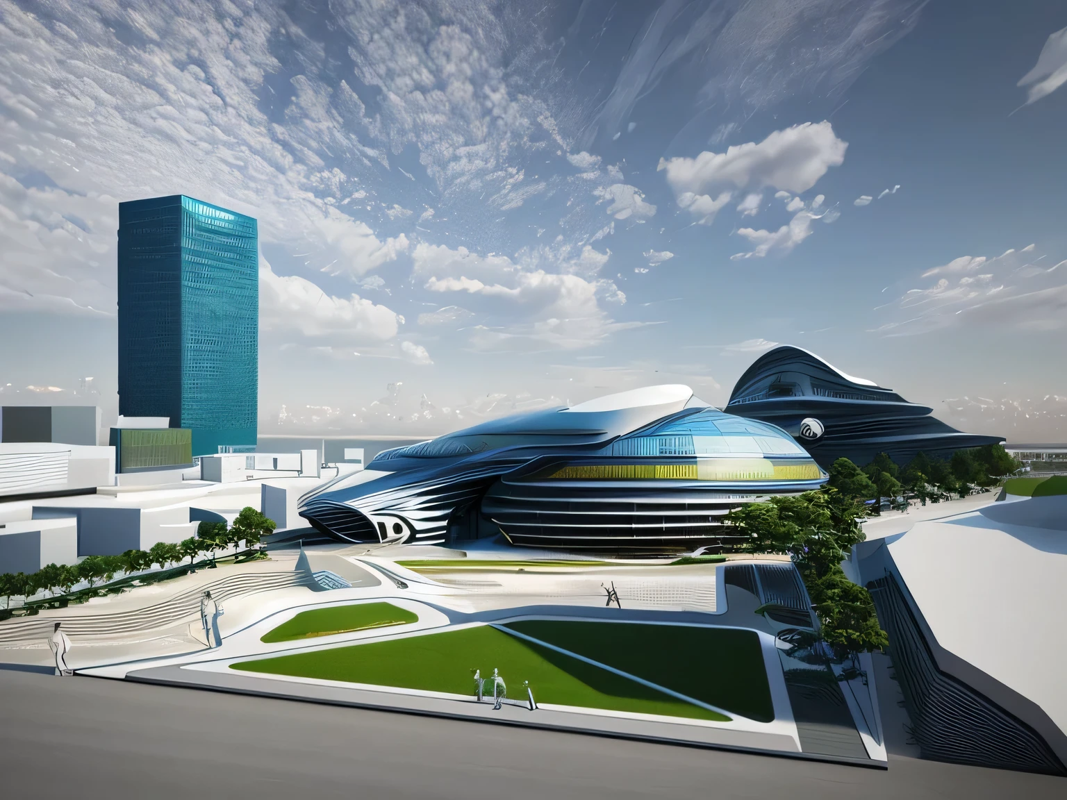 There is a 3D rendering of a futuristic city with futuristic buildings.., in style of Zaha Hadid architect, Zaha Hadid architecture, in style of Zaha Hadid, Portal. Zaha Hadid, inspired โดย Zaha Hadid, Zaha Hadid style architecture, Inspiration from Zha Shibiao, tilt shift Zaha Hadid background, architecture Zaha Hadid, โดย Zaha Hadid, The future city of Russia, Futuristic fantasy art building architecture