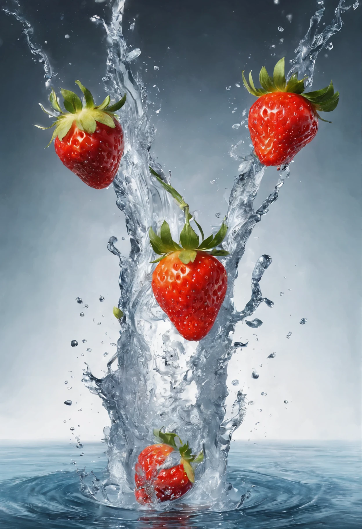 cinematic RAW photo，foto ultra real，Ultra foto realsisim，Digital SLR，soft lighting，Product photo of 5 strawberries falling into the water、Drippy、Splash clear liquid、water bloom，dynamic compositions，(master part) (best quality) (circunstanciado) (Cinematic lighting) (foco nítido) (intrincado), master part, best quality, ultrahigh-resolution, 8K UHD