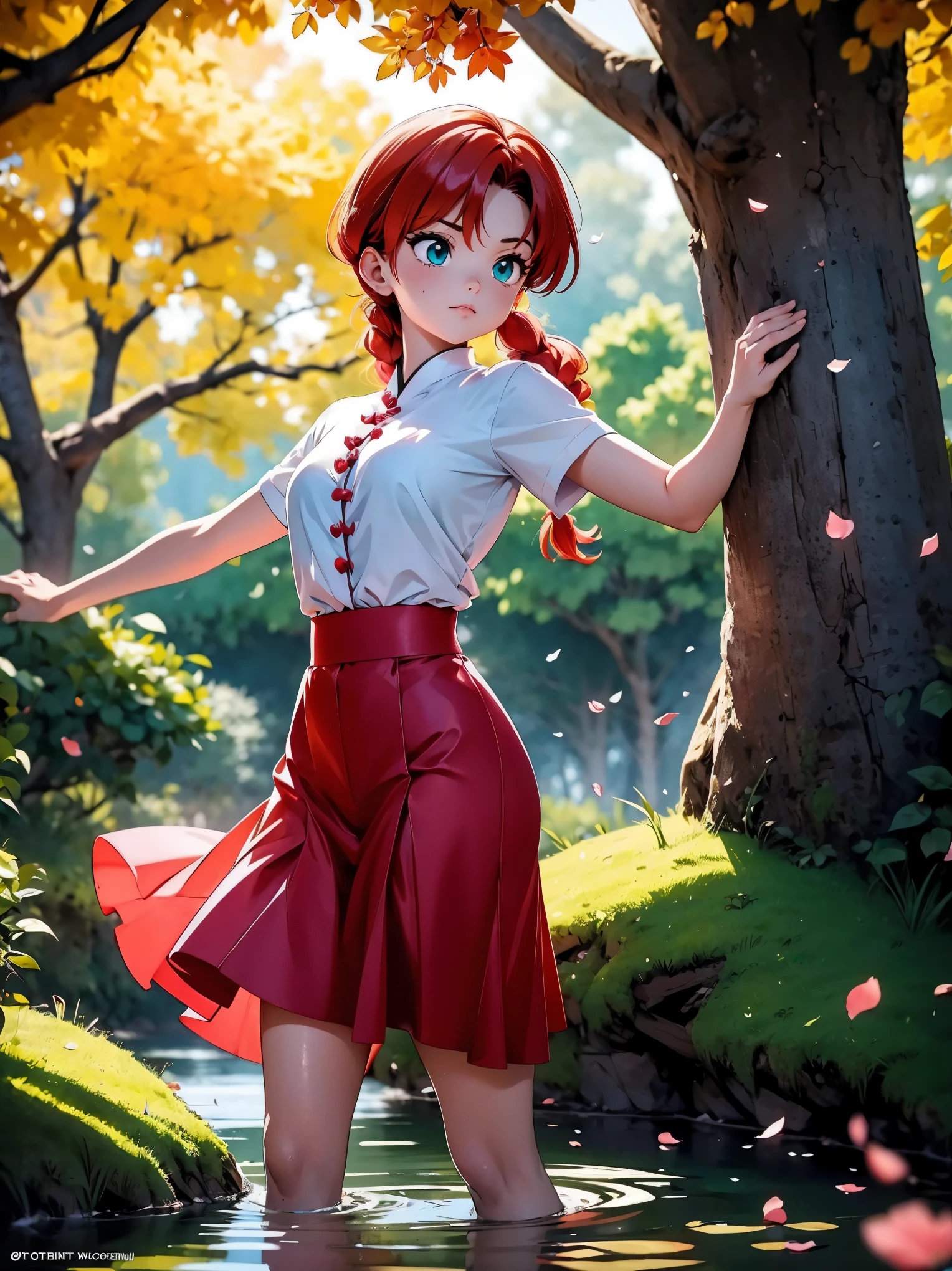 Imagine Ranma-chan em um momento de calma em meio a um campo de cerejeiras em flor. She is in her female form, with her long flowing red hair catching the gentle breeze. Her eyes express a mix of determination and serenity as she prepares for a martial arts training session.. Cherry petals dance around her, creating a soft, ethereal setting. Your posture is confident, mas relaxada, refletindo sua habilidade como lutadora. The colors are vibrant and rich, with soft tones of pink and green for the scenery, destacando a beleza natural do ambiente. Sunlight filtering through the tree leaves adds a sense of warmth and tranquility to the scene.. Certifique-se de capturar os detalhes sutis do rosto de Ranma-chan, highlighting its unique features, while maintaining a sense of realism and depth. This work of art should evoke a feeling of calm and power, showing Ranma-chan in her element as she connects with nature and her own inner strength.
