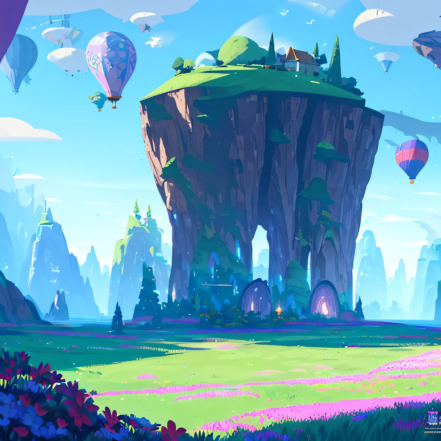 award winning photo, ((masterpiece,best quality)), absurdres, Vivid_Setting, no humans, scenery, cinematic composition, landspace drawing, environment, background illustration, fantasy, futuristic surreal game-world, mmorpg anime game, fantasy, magic, buffs, landmarks, flower, grass, outdoor, architecture, blue sky, air-balloon