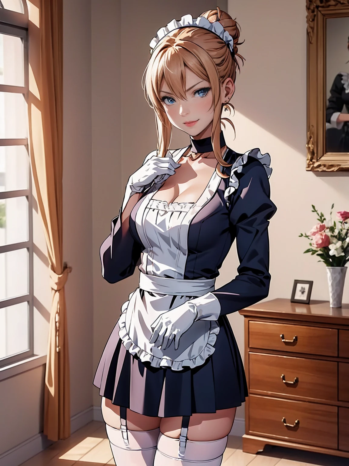 (solo), ((maid, maid acostume, white apron, duster)), (dynamic pose), ((black maid clothes, maid headdress, white gloves, white thighhighs)), ((blush)), ((lascivious look, lascivious smile)), (blush), half body, shiny small necklace, accurate, (living room, wood furniture, window), (dynamic angle), (1girl, solo, Reina Morimoto, morimoto_reina, (blue eyes, hair bun, high bun of hair), lipstick)), malicious looks, mole on the face, sensual pose, standing, Beautiful