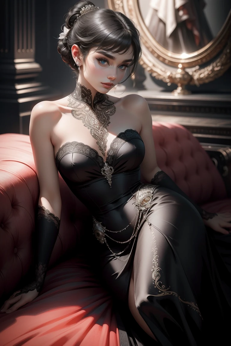 (Masterpiece - Ultra-Detailed, High Resolution) Prepare to be enchanted by a true masterpiece that combines ultra-detailed art with high-resolution rendering. This work shows a mesmerizing woman, with short, black hair, 1928s style, Audrey Hepburn (1.3) and captivating dark brown eyes (1.2), New York illustration style, wearing red lipstick, emanating an aura of elegance and mystery. Wearing classic victorian dress 1928s clothing. Intricate details and realistic textures invite you to explore every aspect of this enchanting composition. Black dress. reading, writing, walking, backwards, lying down, standing, dynamic poses, mouth closed. Different posture , dynamic poses, mouth closed. Different posture, with chin resting on shoulder. Perfect fingers. Get ready to dive into a world where beauty and craftsmanship merge perfectly.