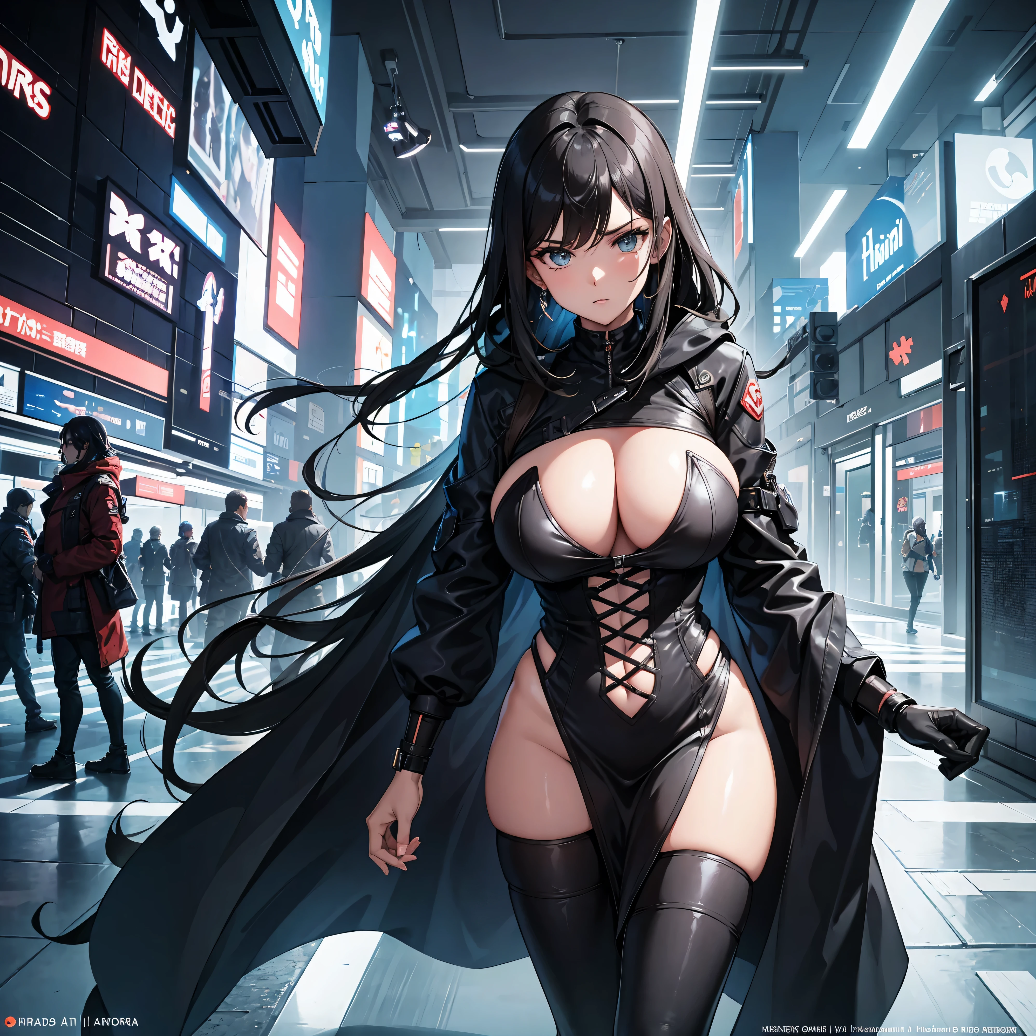 Science fiction, masmorra mais escura, voluptuous woman with curvaceous body wearing big black dress with serious look, sem orelhas de animal, olhos azuis, Black braid, pelos pubianos, altamente detalhado, 4k, obra de arte, cinematic lighting, de cima, sem orelhas de animal, espada do poder cyberpunk