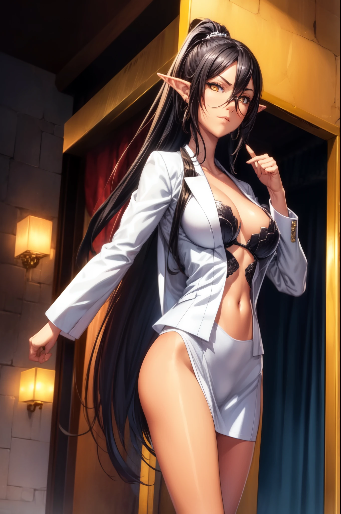 Standing at attention, dynamic pose, white jacket, long black thight skirt, thighhighs, cleavage cutout, long pointy ears, dark elf, light skin, short dark blue hair, Single High ponytail, Young female, Beautiful Finger, Beautiful long legs, Beautiful body, perfect yellow eyes, perfect face, expressive eyes, looking at viewer, 8k wallpaper, perfect lighting, shiny skin, (Beautiful medium Breasts:1.4), (narrow waist), megane, sashagrey