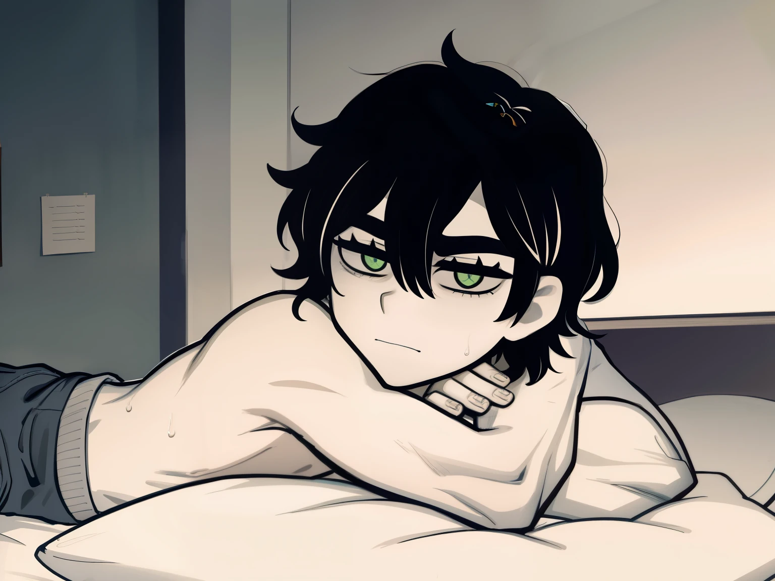 highres, monochrome,tcoaal, solo, looking at viewer, short hair, shirt, 1boy, Shota, Young boy, Young andy graves, hair between eyes, closed mouth,black hair, green eyes, Slim body, Seen from side, Lying on the bed, Hands forward, Shirtless, Without clouth, male focus, Sweat, Simple background, messy hair, bright pupils, outline, white pupils, white outline