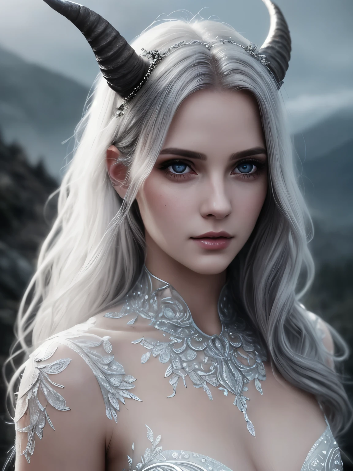 (Realistic:1.2), A beautiful woman with goat horns. Intricate dress with uncovered tummy made of gray tulle, silver glitter, small gray crystals and dried branches. Luis Royo style. Intense and captivating look, extremely sexy. Long, wavy, white hair. Mountains, stones, intricate, detailed, intricately detailed, luminous fantasy translucent ghostly crystal, holographic data, soft body, shadow play, fog, atmospheric, cinematic, light film, hyper detailed, hyper realistic, analog photostyle, film grain, depth of field, bokeh, detailed beautiful eyes and perfect face, high contrast, 16k, best quality