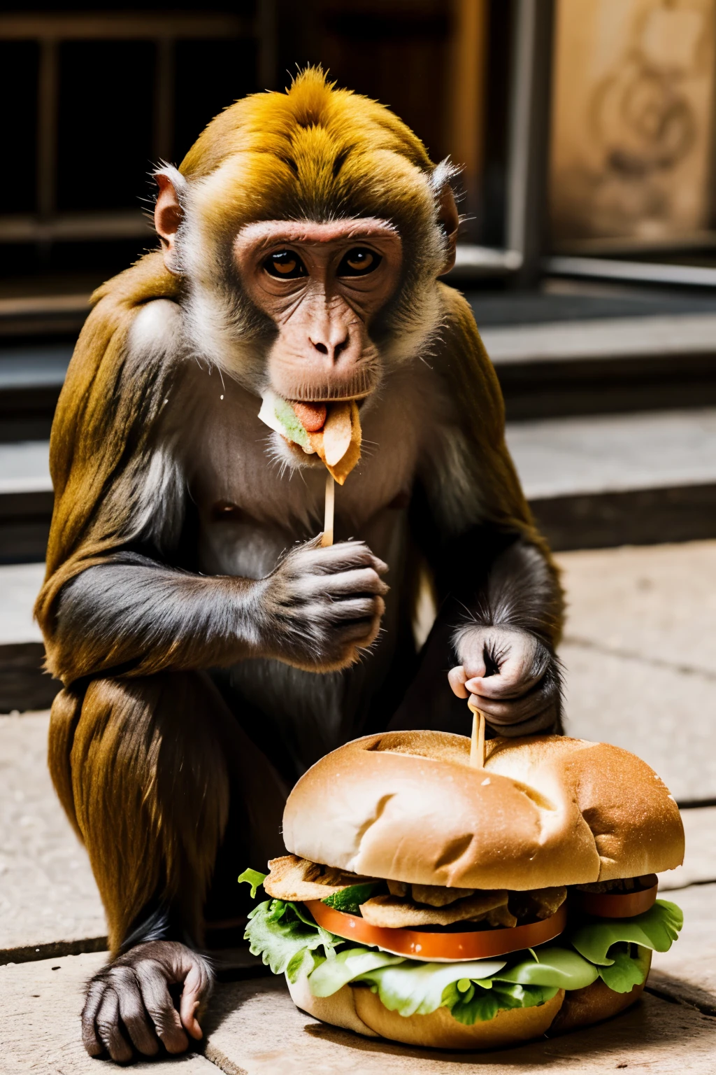 A monkey eating a sandwich, capturing the moment, a playful primate enjoying a delicious snack, a comical scene of a monkey indulging in a tasty sandwich, an adorable image of a monkey savoring a mouthwatering treat, a humorous photograph of a monkey relishing a sandwich, a lighthearted snapshot of a monkey satisfying its hunger with a delectable meal, a captivating picture showcasing a monkey's enjoyment of a scrumptious sandwich, a delightful sight of a monkey munching on a delectable sandwich.