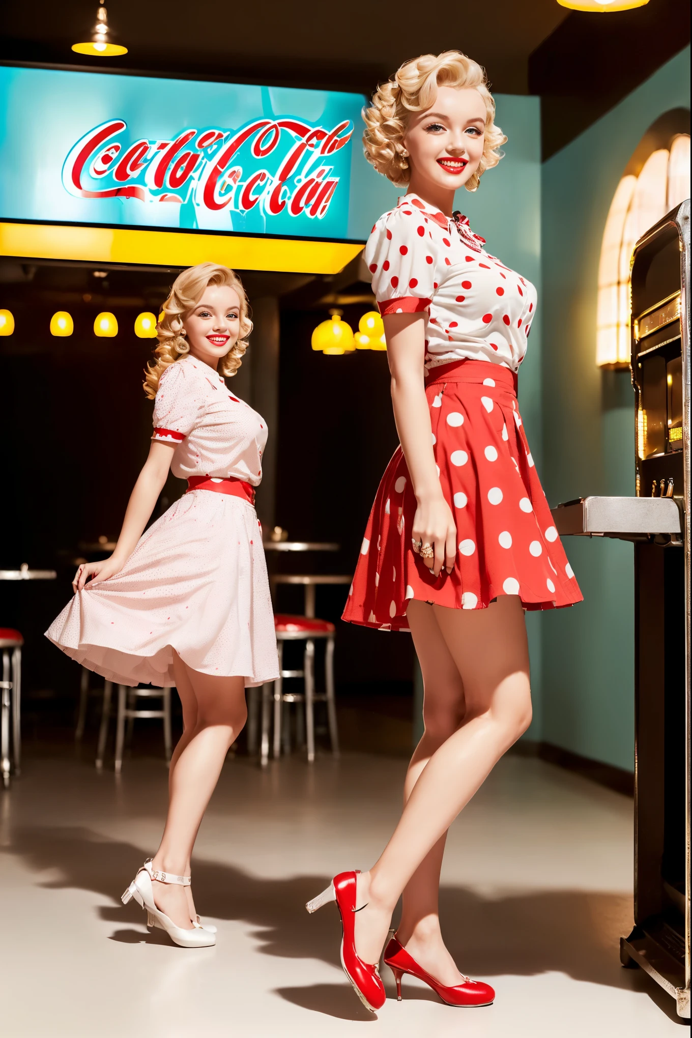 (rockabilly fashion samples:1.4), 50&#39;s American Fashion Show, (masterpiece, highest quality, high resolution,Detailed clothing depiction、 official art, Shooting from the side: 1.2、full body photo:1.8),  (23 years old Marilyn Monroe: 1.45、solo focus、blonde、ponytail、fair and transparent skin、big and cute eyes、attractive lips、perfect makeup), (white short sleeve blouse, big and beautiful bust:1.2)、(Circular skirt with large red polka dots: 1.3), (Saddle Shoes, Cute pose with a smile, long skirt, beautiful legs、Skin with a smooth and natural texture)、(Diners restaurant、Coke、jukebox: 1.3)、Highlight her cuteness and good fashion sense
