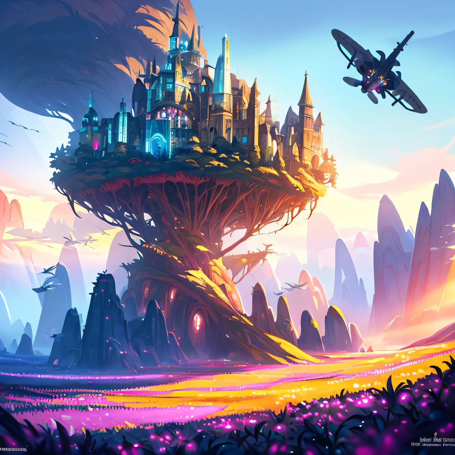 award winning photo, ((masterpiece,best quality)), absurdres, Vivid_Setting, no humans, scenery, cinematic composition, landspace drawing, environment, background illustration, fantasy, futuristic surreal game-world, mmorpg anime game, fantasy, magic, buffs, landmarks, flower, grass, fantasy aeronautic vehicle,