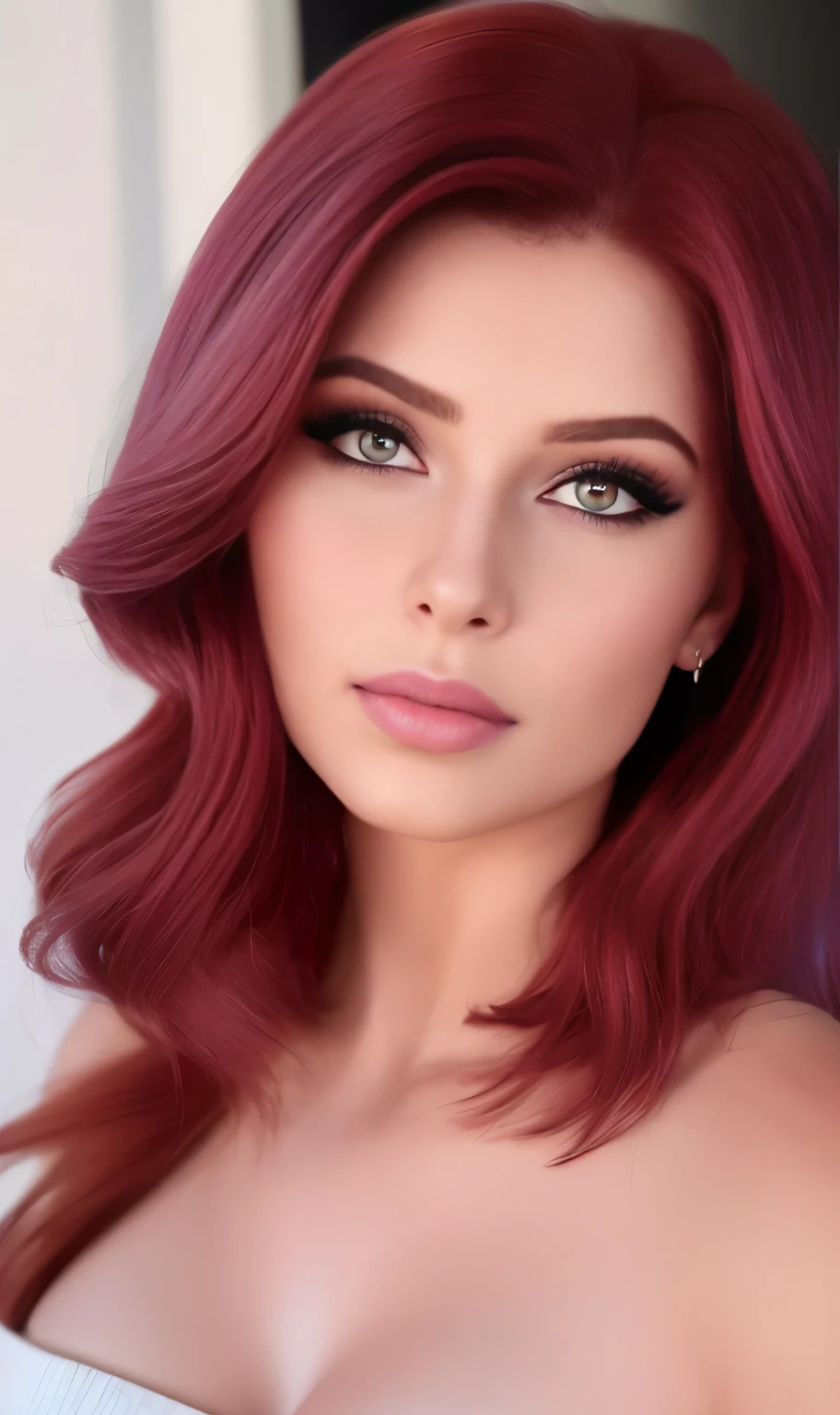 Imagem digital. Mulher perfeita, linda, em 4K, Sharp and perfect image, destaque para o rosto, mulher ruiva, com sardas, pale skin, olho direito rosa, olha esquerdo violeta, mulher nova de 18 anos