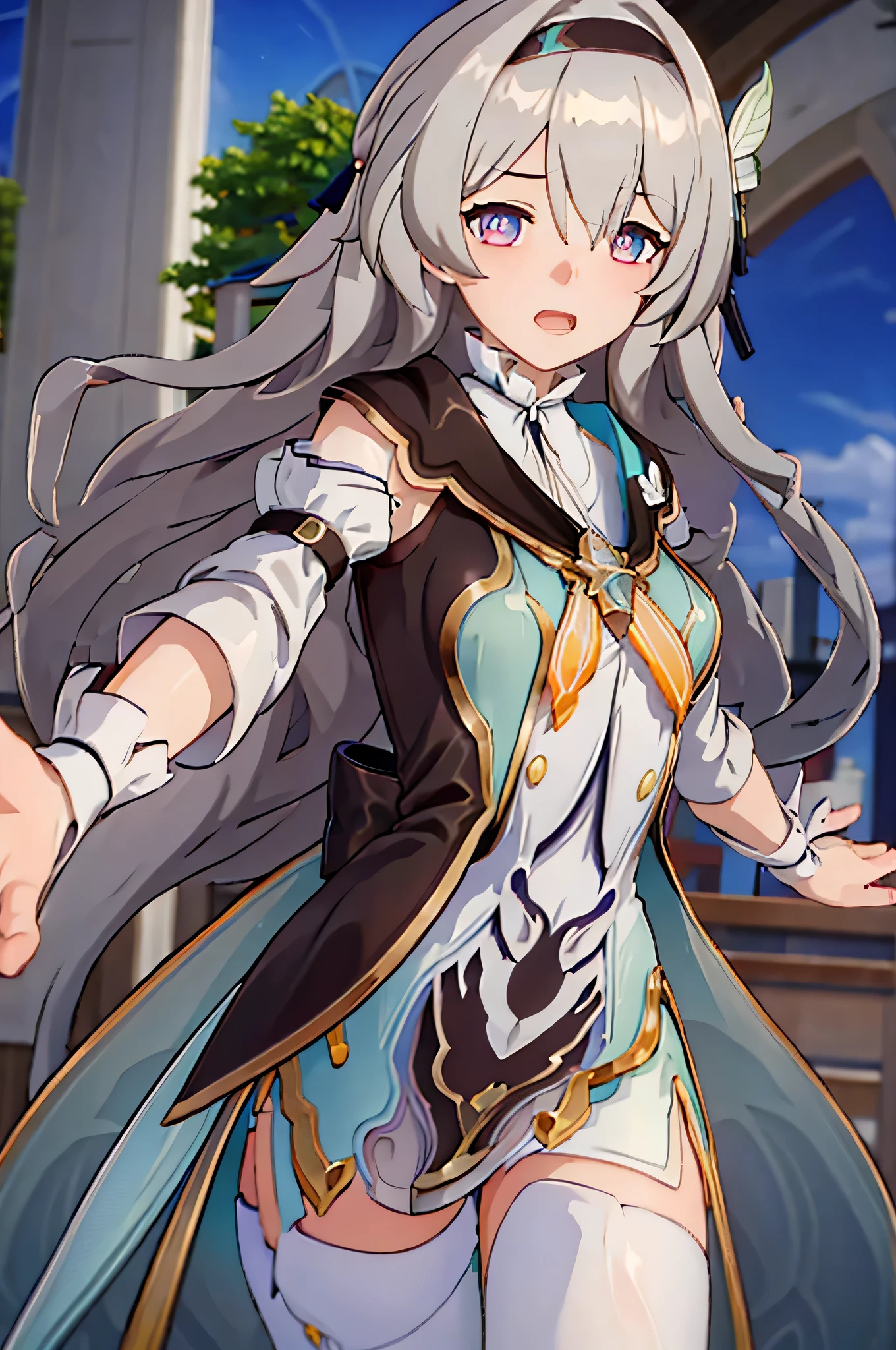 (masterpiece, best quality:1.2), 1 girl,Blue-pink gradient pupils,brown and light cyan,silver long hair,white·,sit,blush,look at the audience,(((cat ears)))(((maid outfit)))excited,open mouth,(((self-shot)))