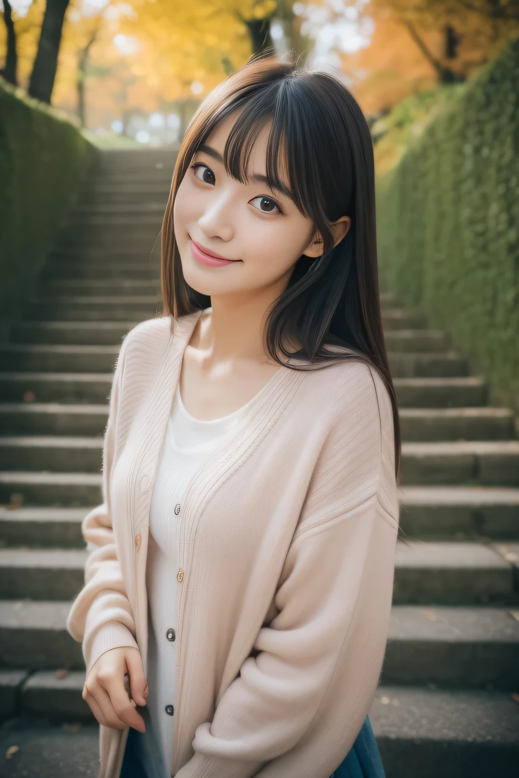 (highest quality,In 8K,ultra high resolution:1.2),(cute japanese girl,20-year-old),(miracle、perfect beautiful girl),20-year-oldのmiracle、kind、double eyelid、long hair、Run up the stairs to adulthood、pure love、autumn's、Gravure photography、Idol、stand on the stairs、