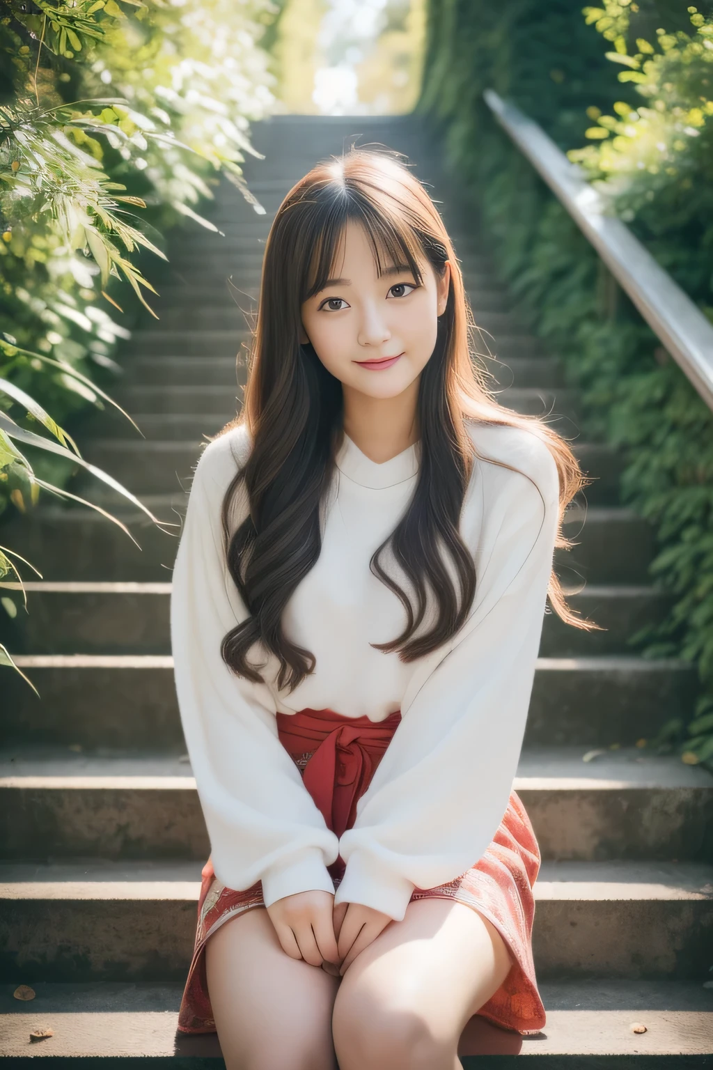 (highest quality,In 8K,ultra high resolution:1.2),(cute japanese girl,20-year-old),(miracle、perfect beautiful girl),20-year-oldのmiracle、kind、double eyelid、long hair、Run up the stairs to adulthood、pure love、autumn's、Gravure photography、Idol、stand on the stairs、