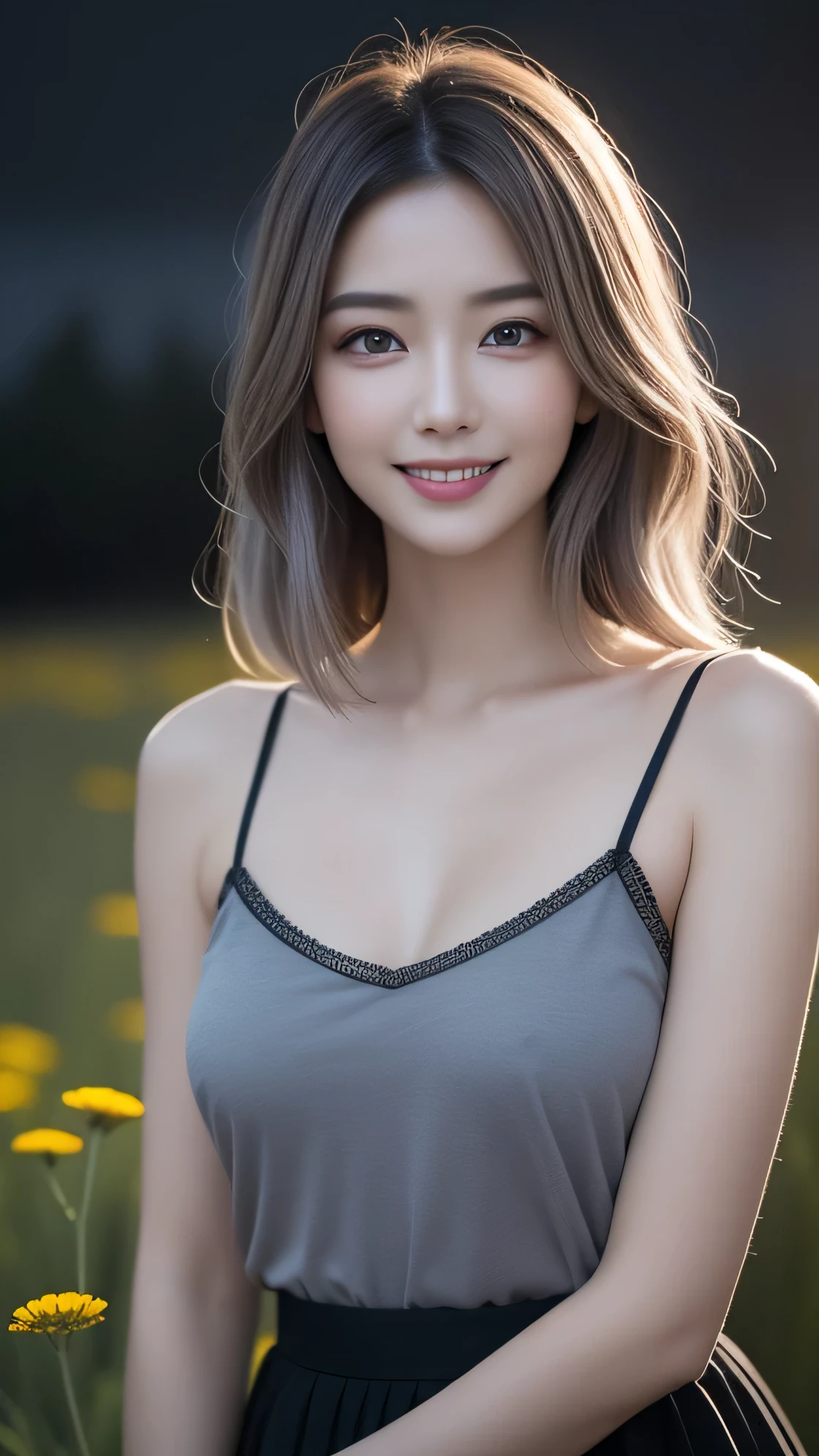 korean beauty,camisole,masterpiece, highest quality, 1 girl, (colorful),(Finely drawn beautiful eyes and detailed face),cinematic lighting,bust shot,Highly detailed CG Unity 8K wallpaper,gray hair,alone,smile,intricate skirt,((flying petals)),(Flowering steppe) null, cloudy_null, building, moonlight, moon, night, (dark theme:1.3), light, fantasy,