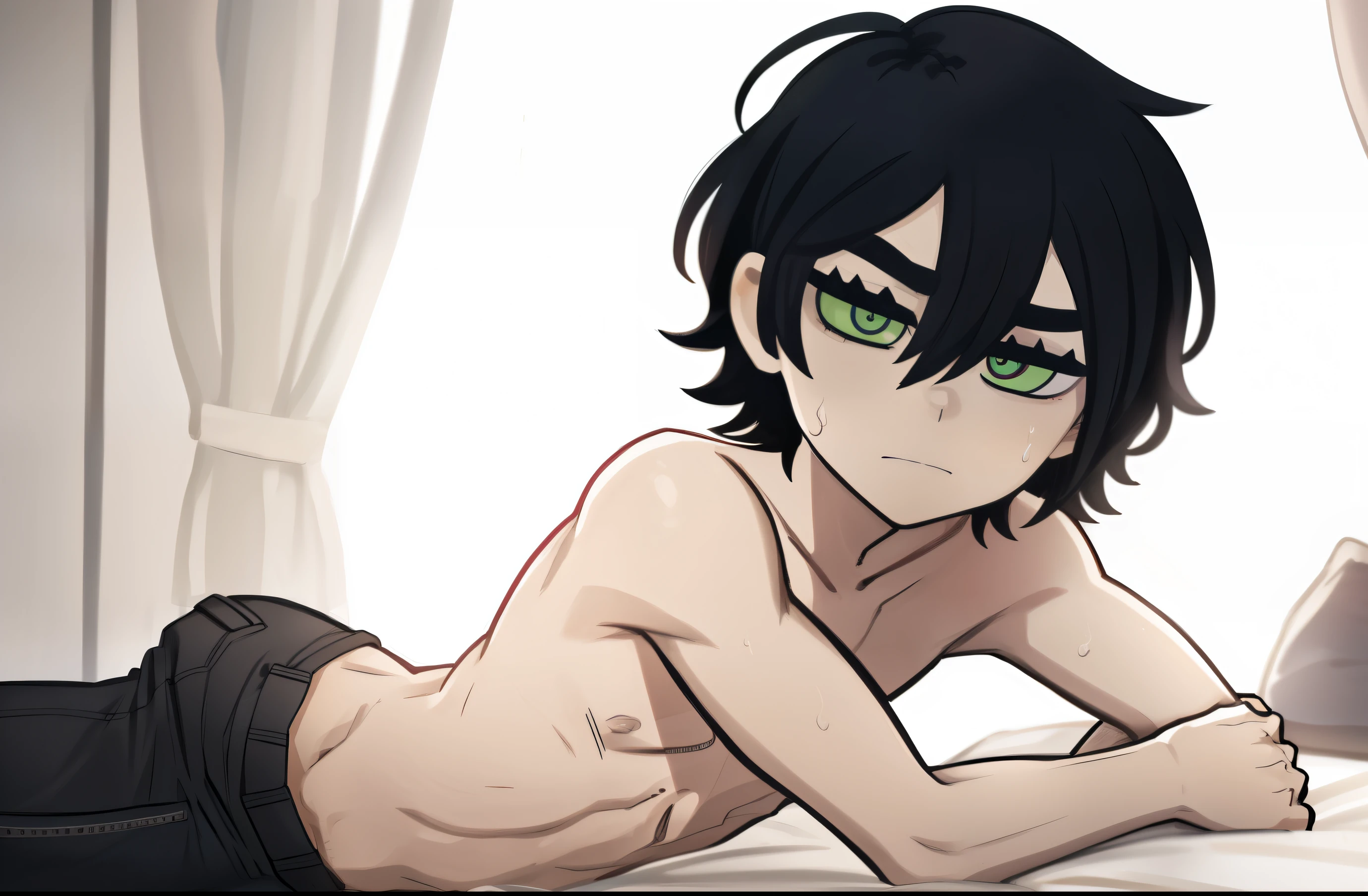 highres, monochrome,tcoaal, solo, looking at viewer, short hair, shirt, 1boy, Shota, Young boy, Young andy graves, hair between eyes, closed mouth,black hair, green eyes, Slim body, Seen from side, Lying on the bed, Hands forward, Shirtless, Without clouth, male focus, Sweat, Simple background, messy hair, bright pupils, outline, white pupils, white outline