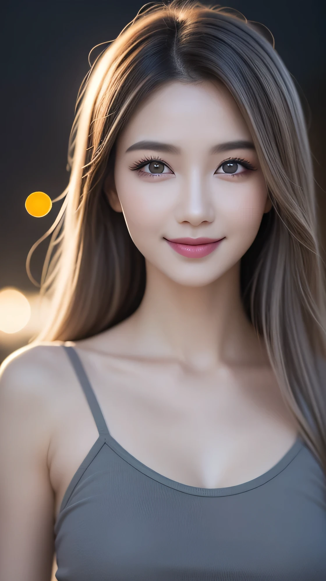 korean beauty,camisole,masterpiece, highest quality, 1 girl, (colorful),(Finely drawn beautiful eyes and detailed face),cinematic lighting,bust shot,Highly detailed CG Unity 8K wallpaper,gray hair,alone,smile,intricate skirt,((flying petals)),(Flowering steppe) null, cloudy_null, building, moonlight, moon, night, (dark theme:1.3), light, fantasy,