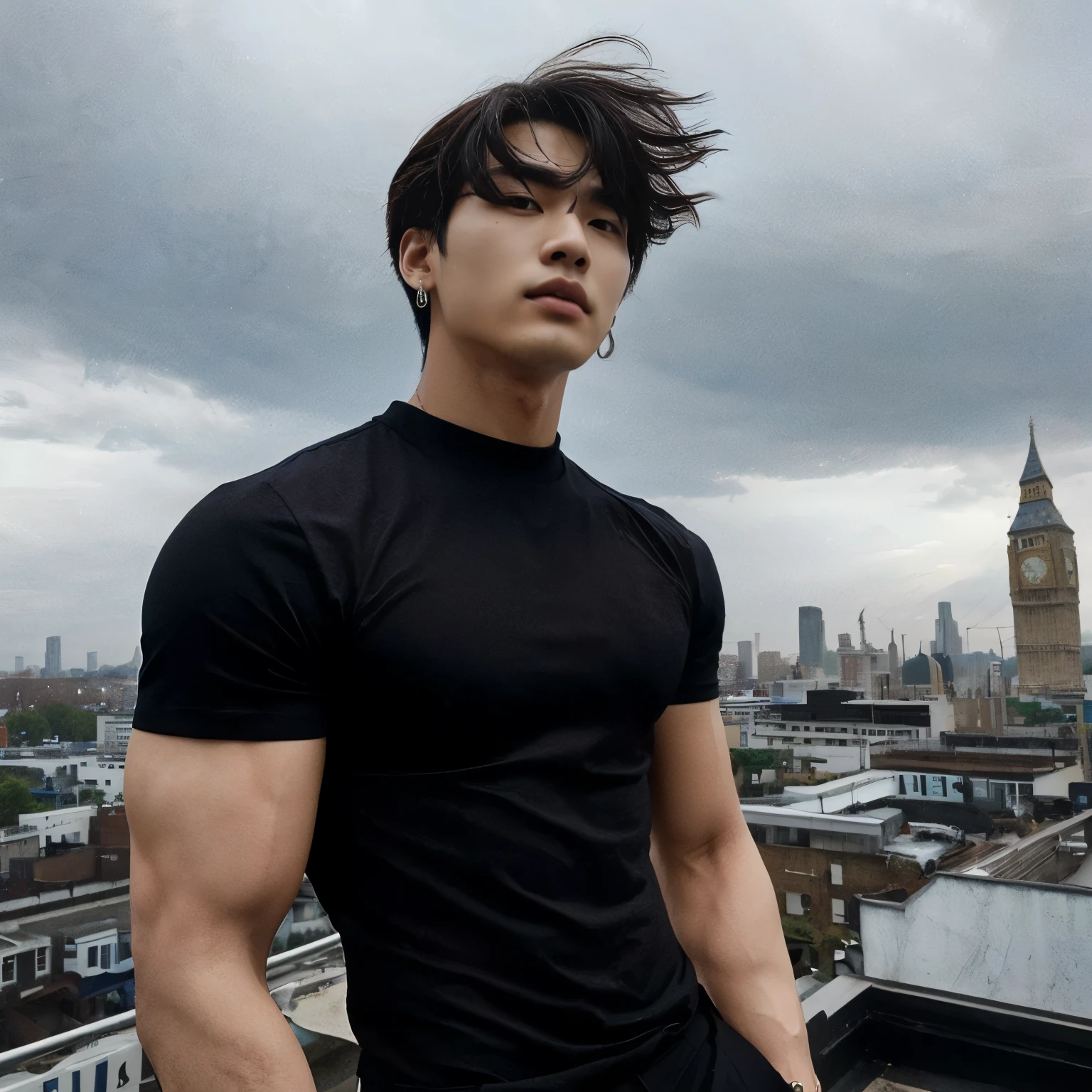 Hombre arafed con camisa negra parado encima de un techo, Won Bin Lee, hombre surcoreano, cai xukun, Siwoo Kim, korean muscle boy 2 1 years, TaeJune Kim, jungkook, hyung tae, pintar ulzzang, pose de anime guapo, yanjun chengt, Londres, inspirado en Joong Keun Lee, foto de perfil