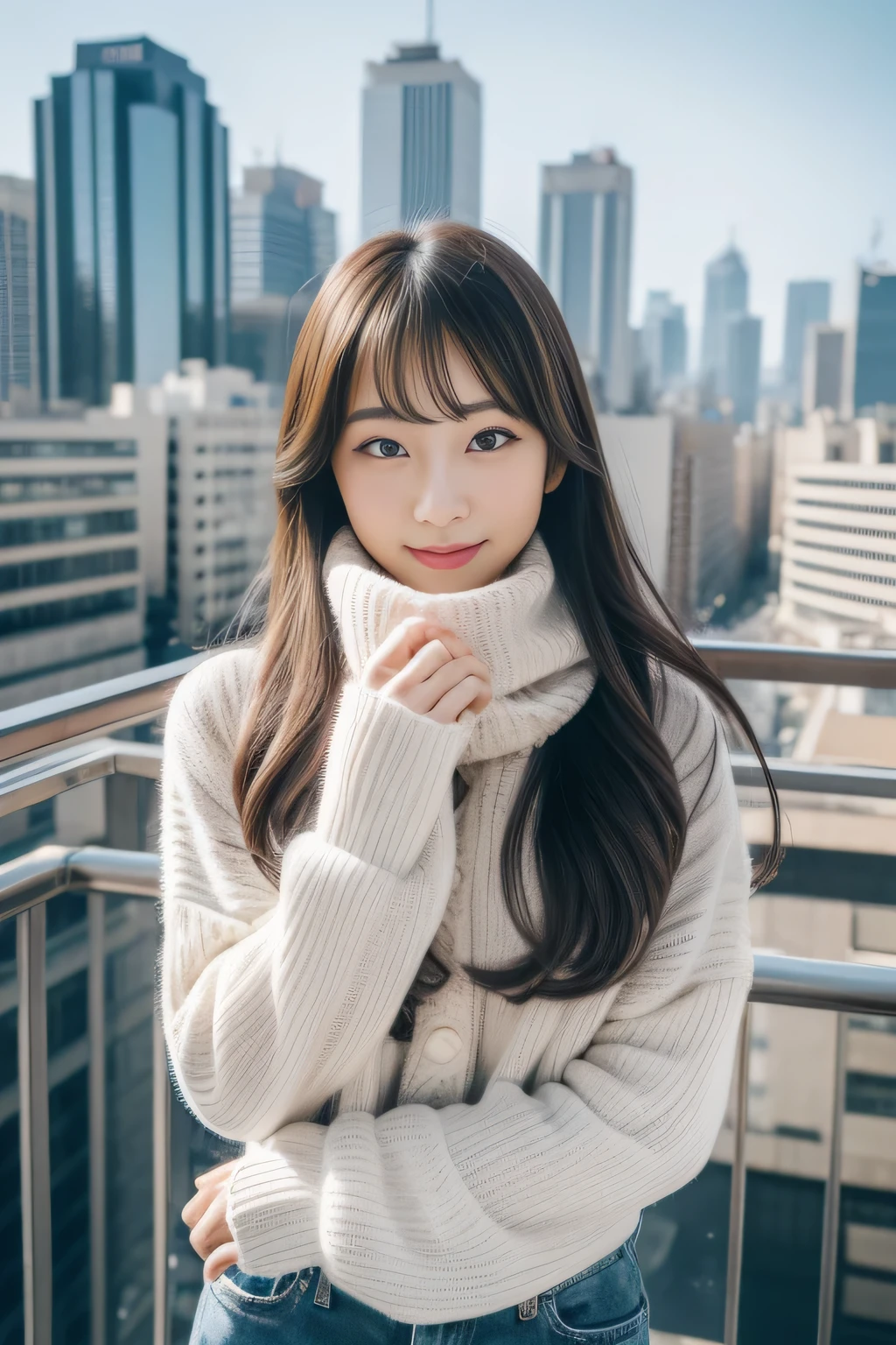 (highest quality,In 8K,ultra high resolution:1.2),(cute japanese girl,20-year-old),(miracle、perfect beautiful girl),20-year-oldのmiracle、kind、double eyelid、long hair、sweater、jeans、scarf、big city、pure love、winter、Gravure photography、Idol、stand on the roof of a skyscraper、